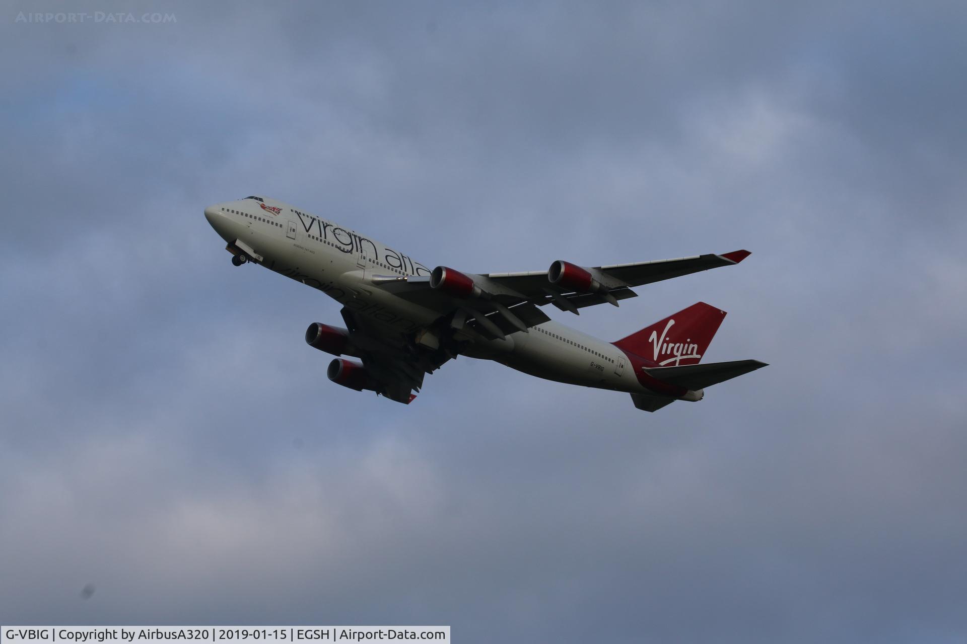 G-VBIG, 1996 Boeing 747-4Q8 C/N 26255, Overflying Norwich on ILS Training flight