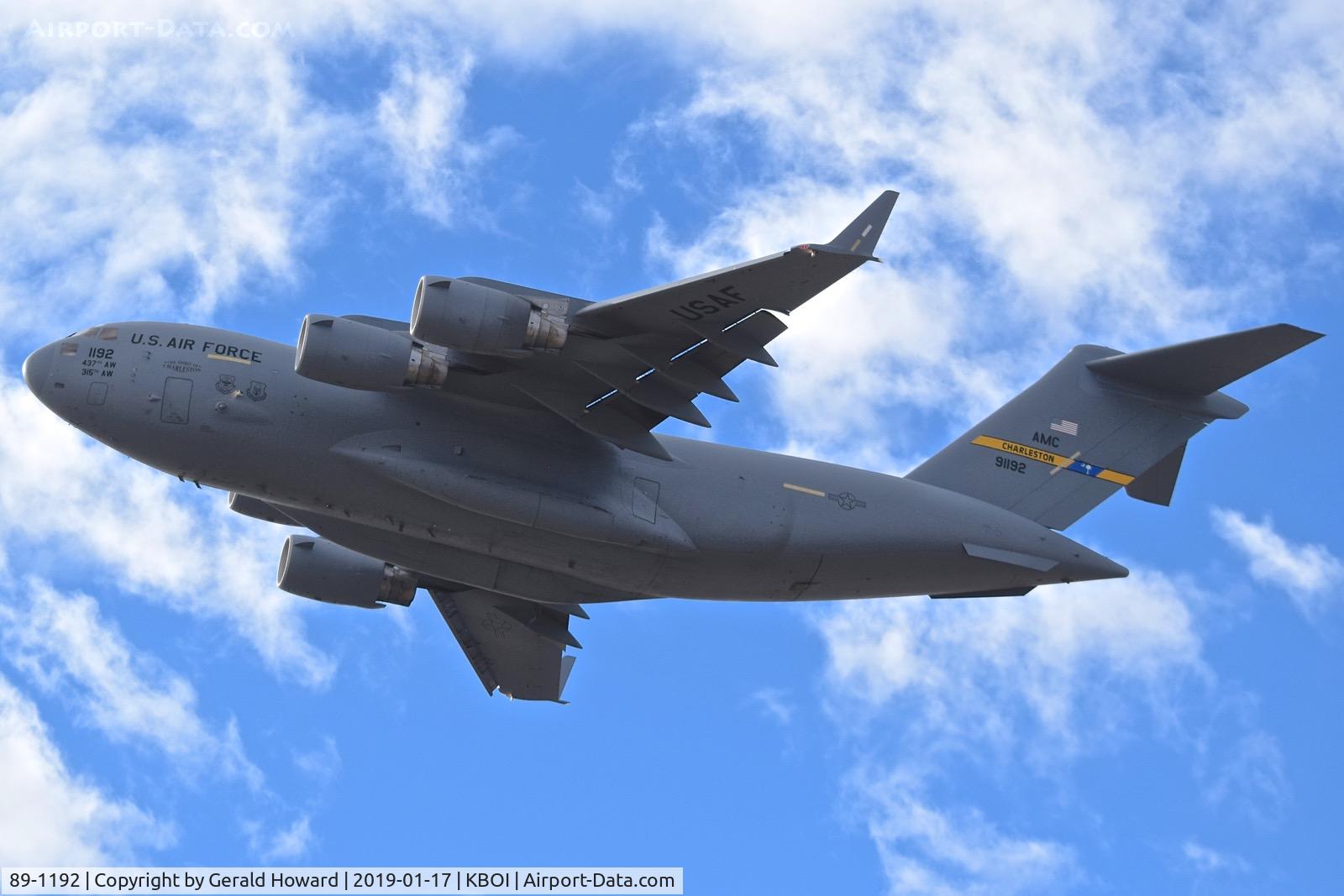 89-1192, 1989 McDonnell Douglas C-17A Globemaster III C/N P-6, Departing BOI.  315th Airlift Wing, JB Charleston, SC.