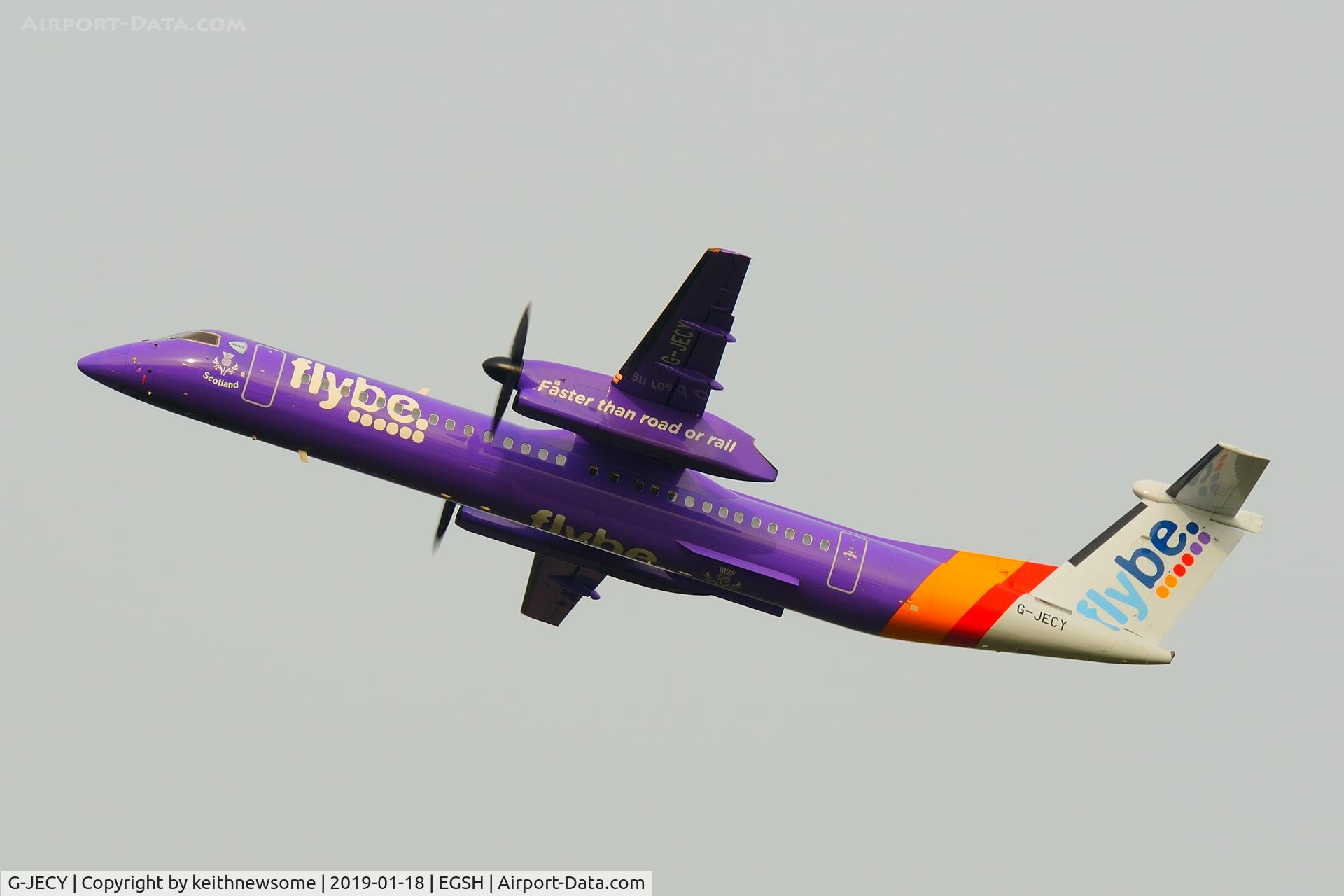 G-JECY, 2007 De Havilland Canada DHC-8-402Q Dash 8 C/N 4157, Leaving Norwich for Exeter.