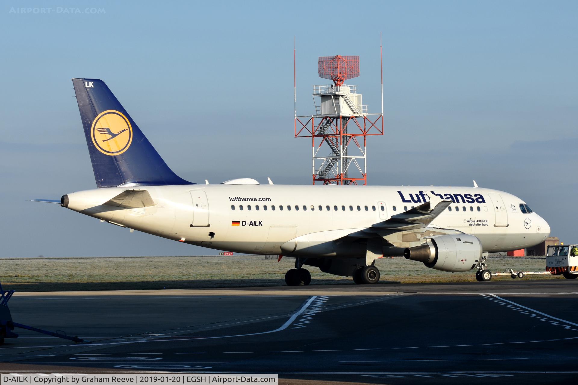 D-AILK, 1997 Airbus A319-114 C/N 679, Under tow at Norwich.