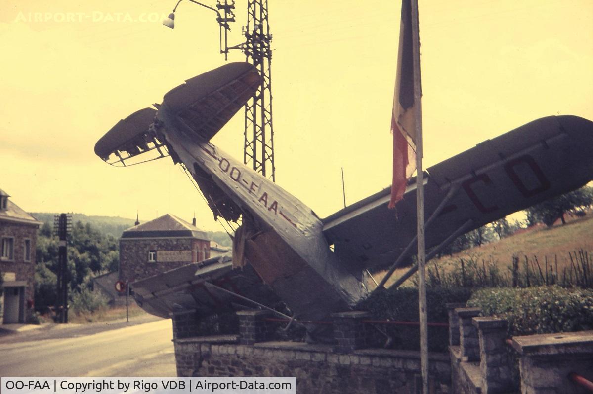 OO-FAA, Fairchild UC-61K Argus III (24R-46A) C/N 949, Damaged at Melsbroek in 1948. Eye catcher near a restaurant in the Ardennes. Place and date unknown, early 1970's.