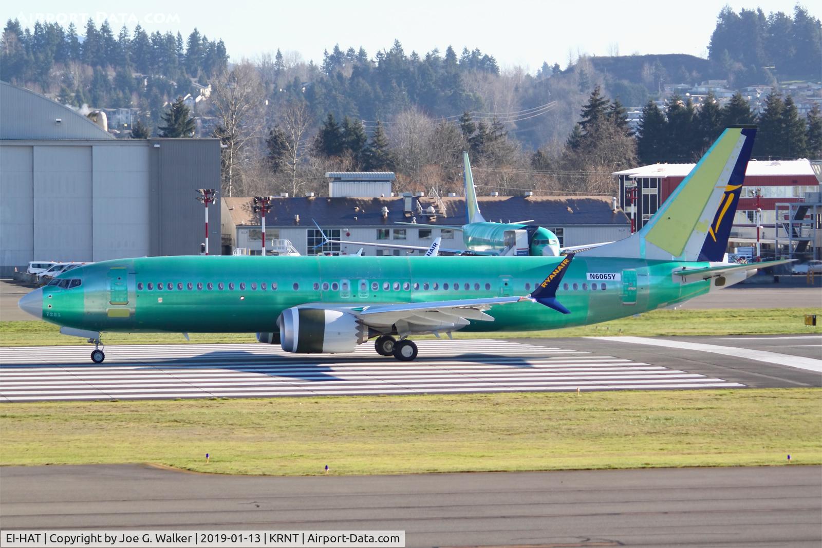 EI-HAT, 2018 Boeing 737-8-200 MAX C/N 65076, First 737MAX8 High Capacity and first MAX8 for Ryanair seen departing Renton on its maiden flight.