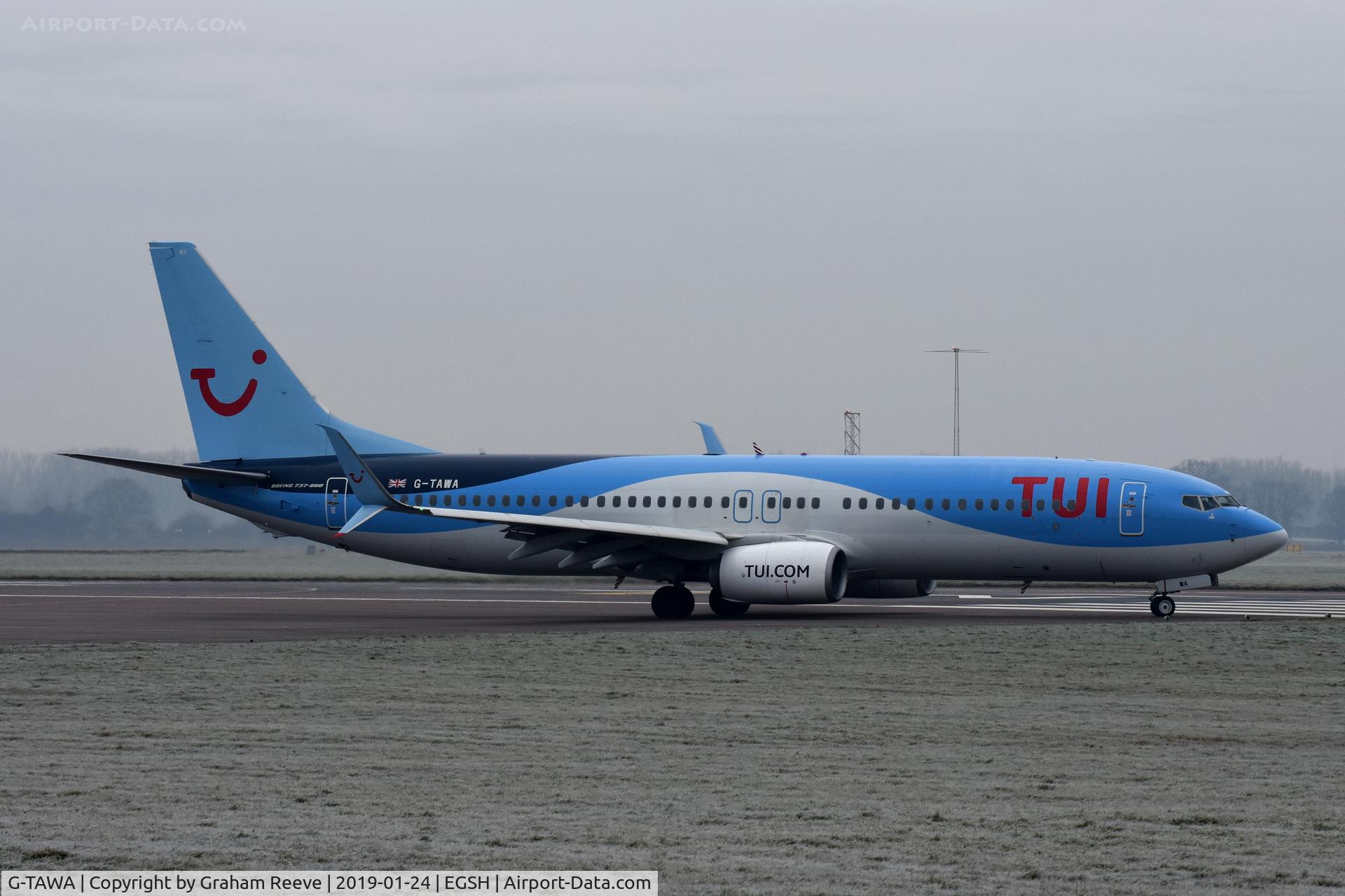 G-TAWA, 2012 Boeing 737-8K5 C/N 37264, With TUI logo's departing from Norwich.