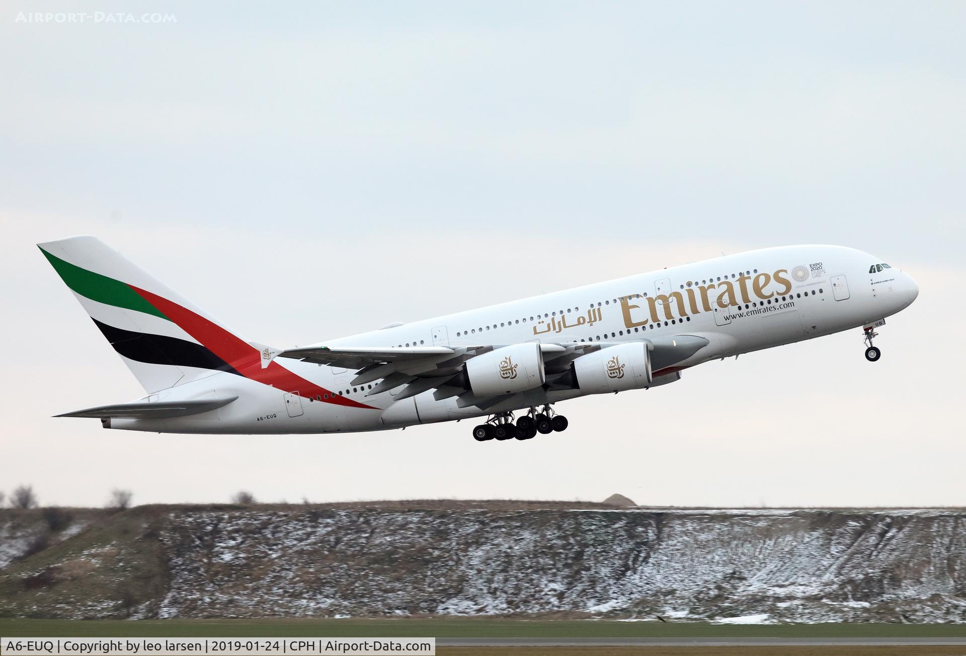 A6-EUQ, 2016 Airbus A380-842 C/N 229, Copenhagen 24.1.2019 T/O R-22L