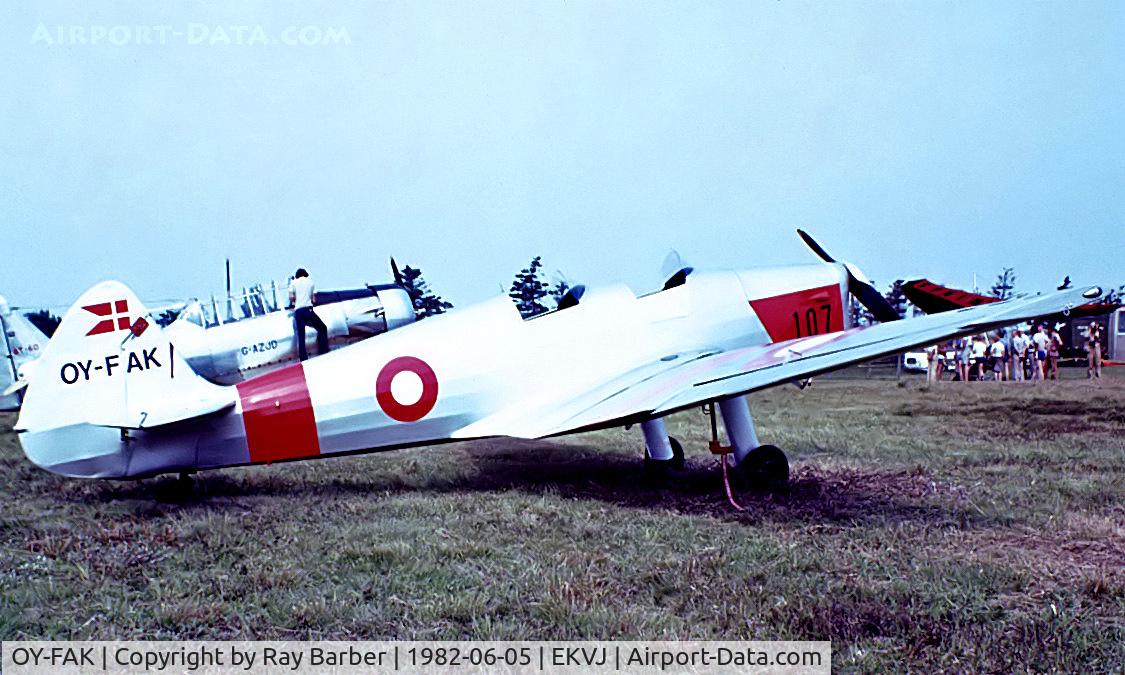 OY-FAK, 1946 SAI KZ IIT Træner C/N 115, OY-FAK   S.A.I. KZ.II Traener [115] (Danmarks Flymuseum) Stauning~OY 05/06/1982. From a slide.