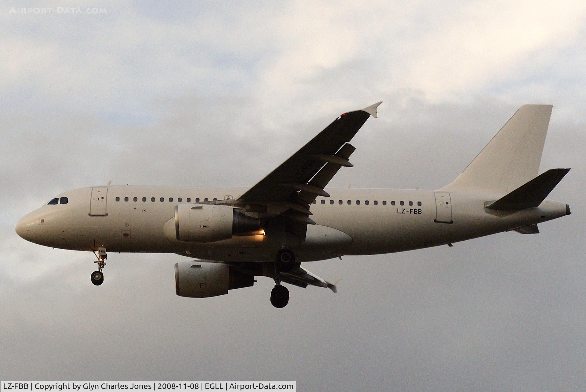LZ-FBB, 2007 Airbus A319-112 C/N 3309, Previously EI-DZW, N554SX and test registration D-AVYQ. On finals to runway 27L operating Bulgaria Air flight FB8151 from Sofia. Bulgaria Air commenced scheduled services to London-Heathrow on October 26, 2008.