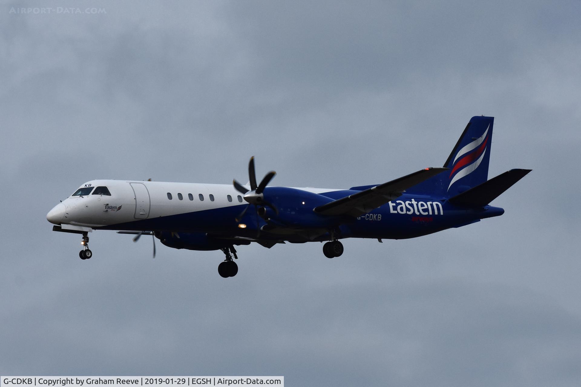 G-CDKB, 1996 Saab 2000 C/N 2000-032, Landing at Norwich.