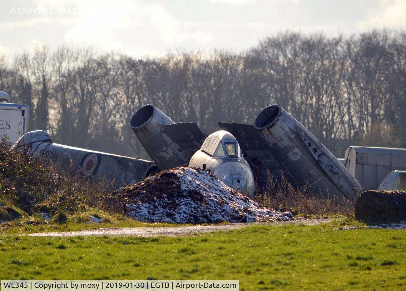 WL345, Gloster Meteor T.7 C/N Not found WL345, Dismantled Gloster Meteor T.7 ex Parkhouse Aviation now dumped near the glider trailers at Wycombe Air Park. Very sad.