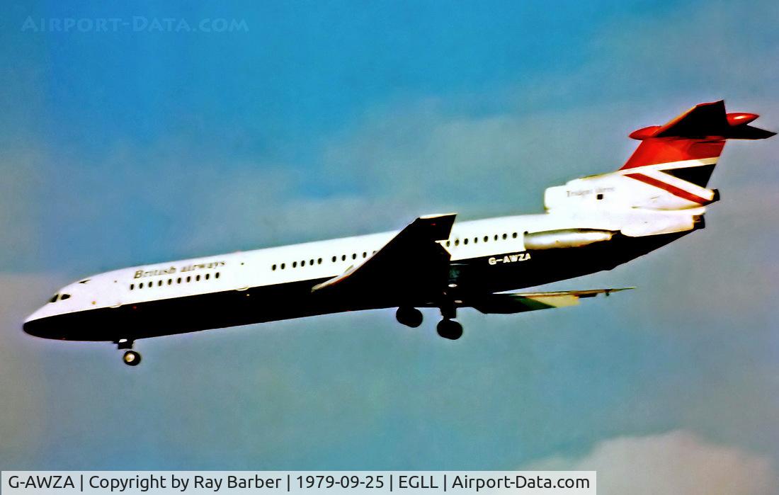 G-AWZA, 1970 Hawker Siddeley HS-121 Trident 3B-101 C/N 2302, G-AWZA   Hawker-Siddeley HS-121 Trident 3B [2302] (British Airways) Heathrow~G @ 25/09/1979. From a slide.