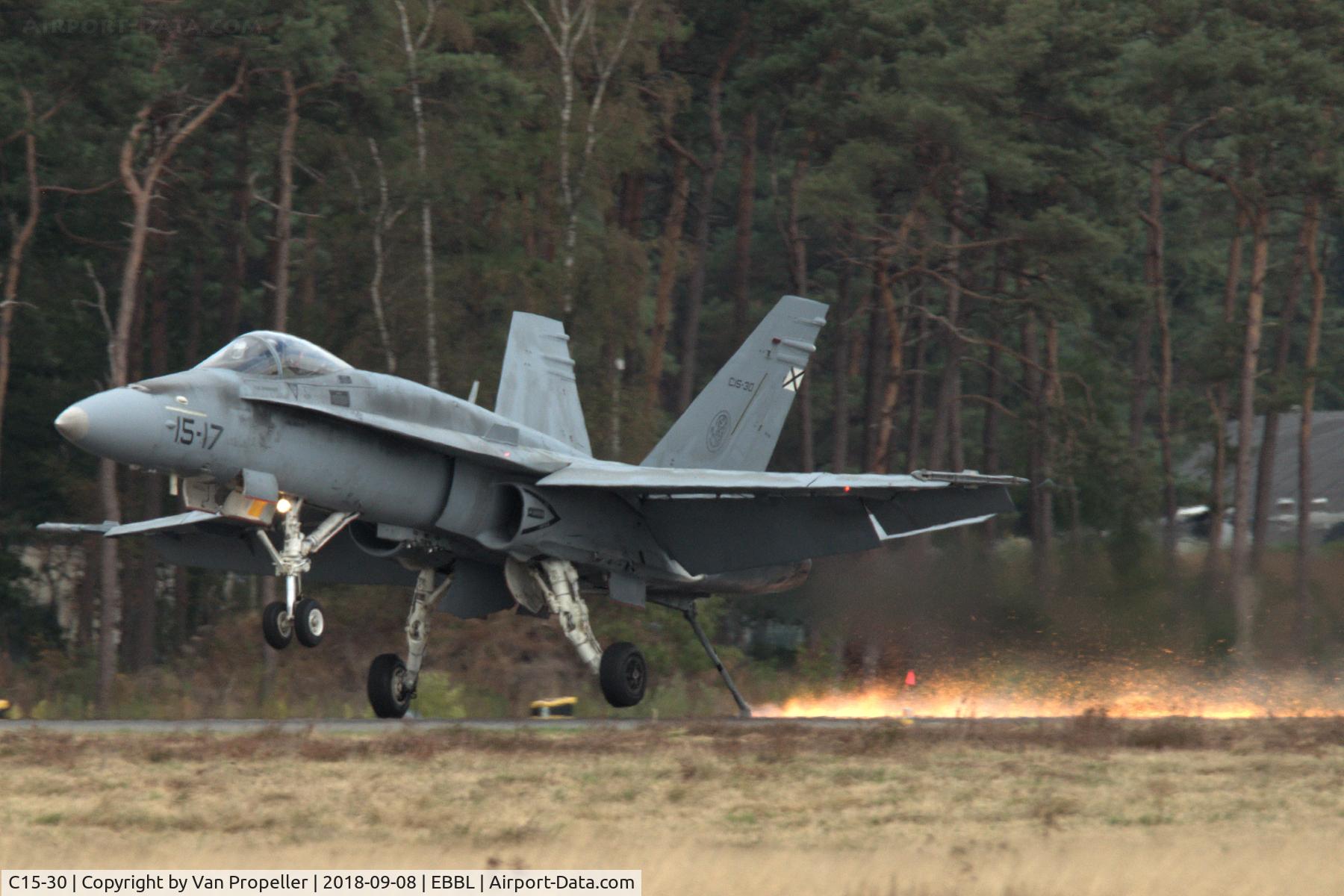C15-30, McDonnell Douglas EF-18A Hornet C/N 616/A521, McDonnell Douglas EF-18M Hornet of the Spanish Air Force landing at Kleine Brogel Air Base, Belgium, during the 2018 air show. Note tail hook trailing on the runway