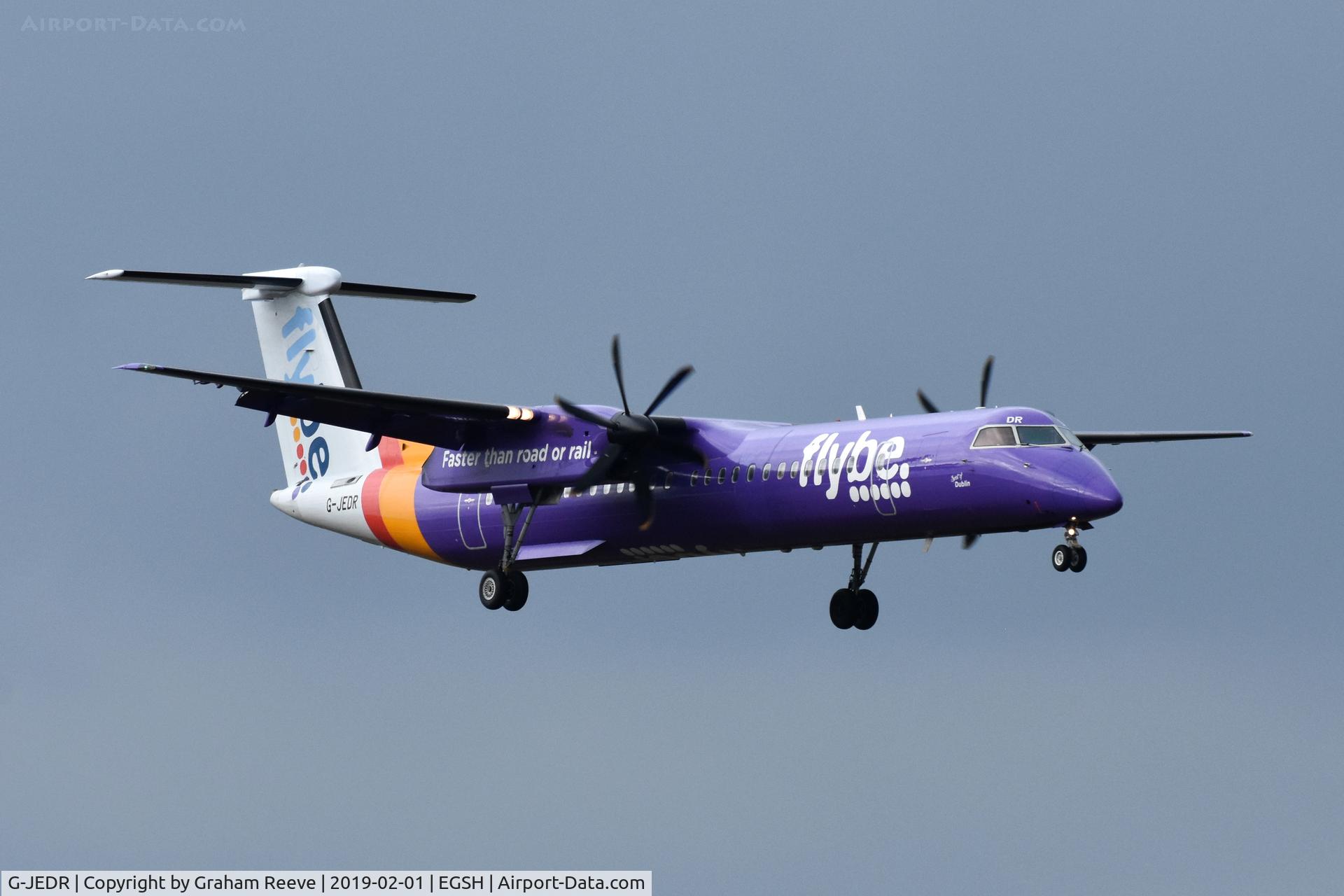 G-JEDR, 2003 De Havilland Canada DHC-8-402Q Dash 8 C/N 4087, Landing at Norwich.