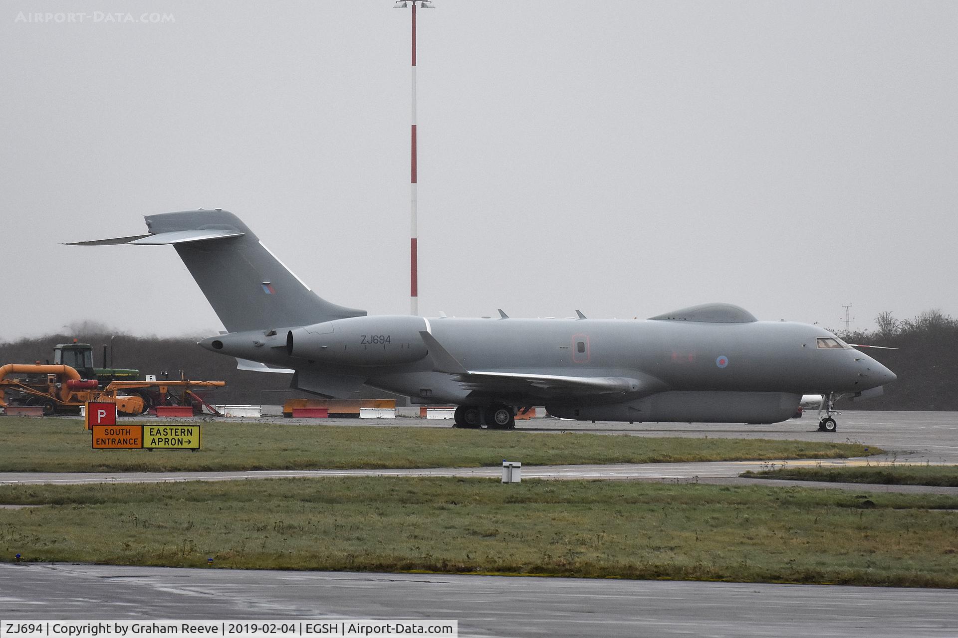 ZJ694, 2007 Bombardier Global Express (BD-700-1A10) Sentinel R1 C/N 9135, Parked at Norwich.
