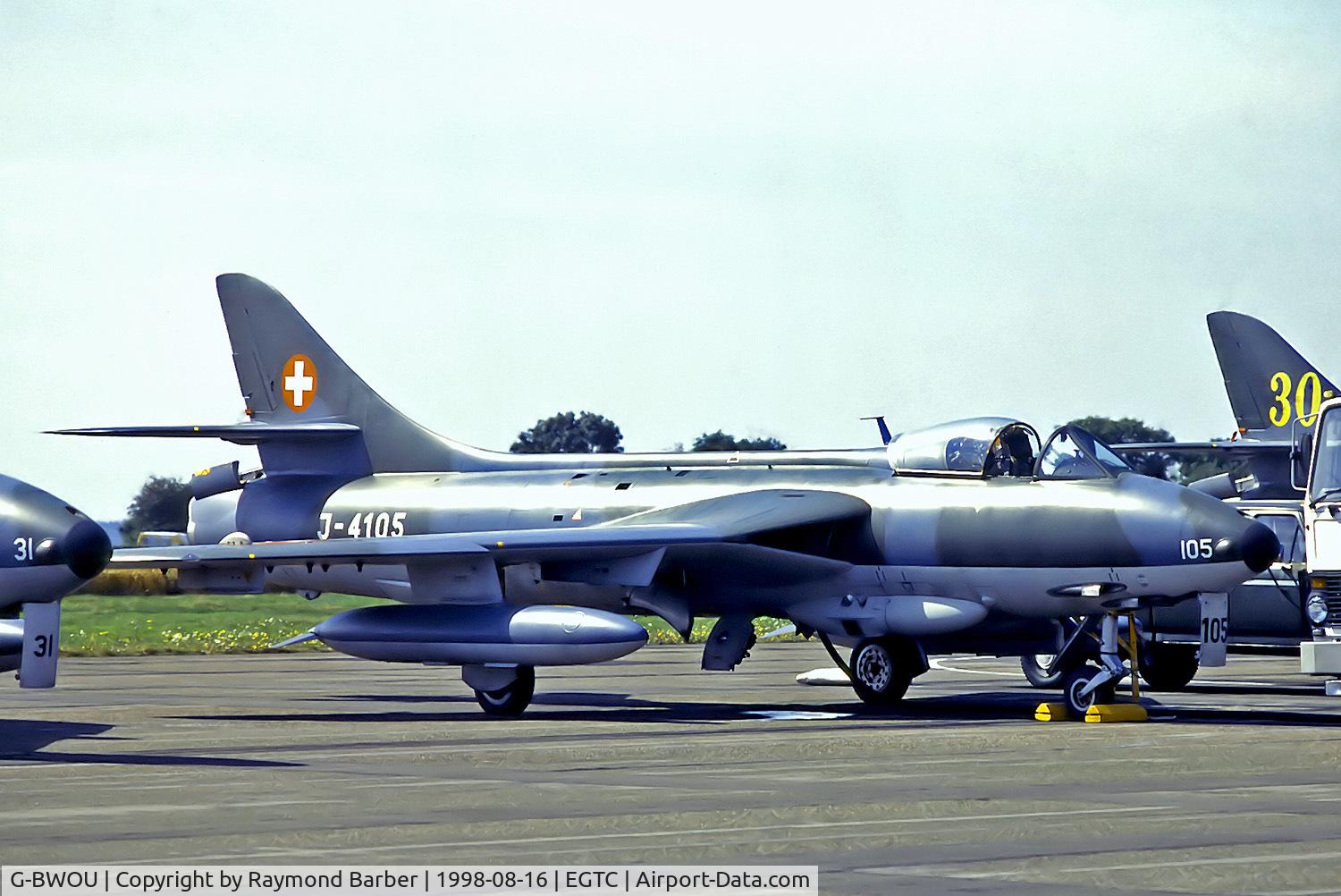 G-BWOU, 1956 Hawker Hunter F.58A C/N HABL-003074, G-BWOU   (J-4105) Hawker Hunter F.58A [HABL003064] (Ex Swiss Air Force / The Old Flying Machine Co) Cranfield~G 16/08/1998