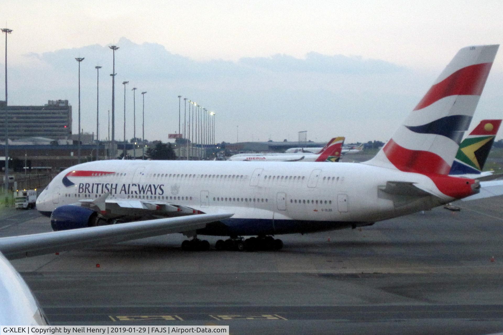 G-XLEK, 2015 Airbus A380-841 C/N 194, Seen at Johannesburg, in failing light, from Terminal'A'