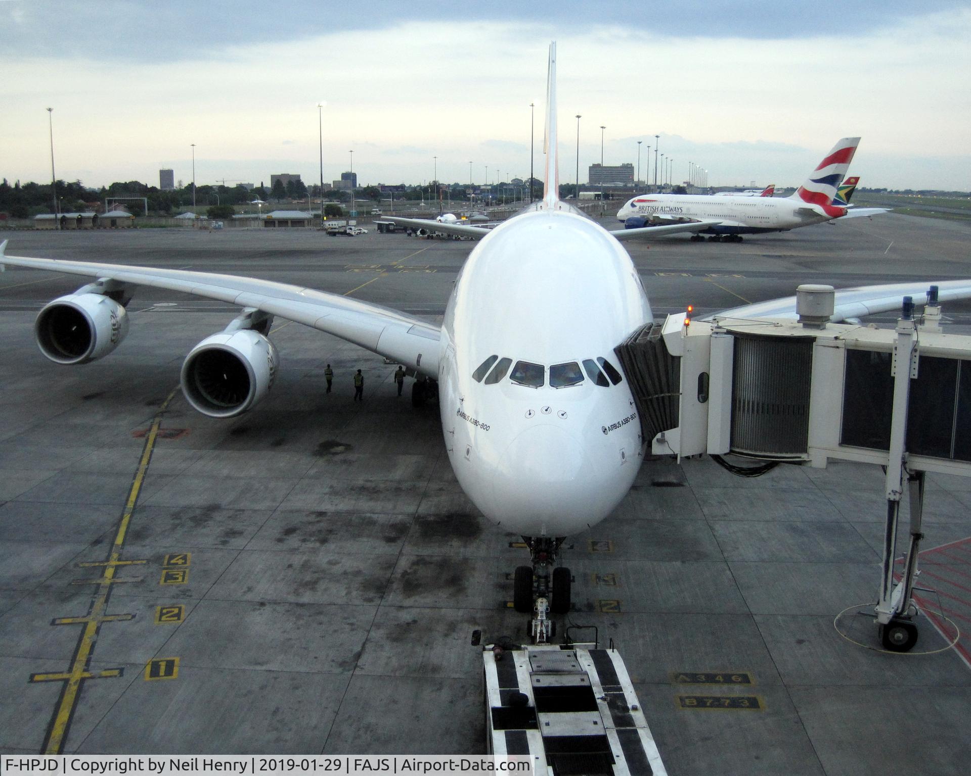 F-HPJD, 2010 Airbus A380-861 C/N 049, Seen at Johannesburg, in failing light, from Terminal'A'