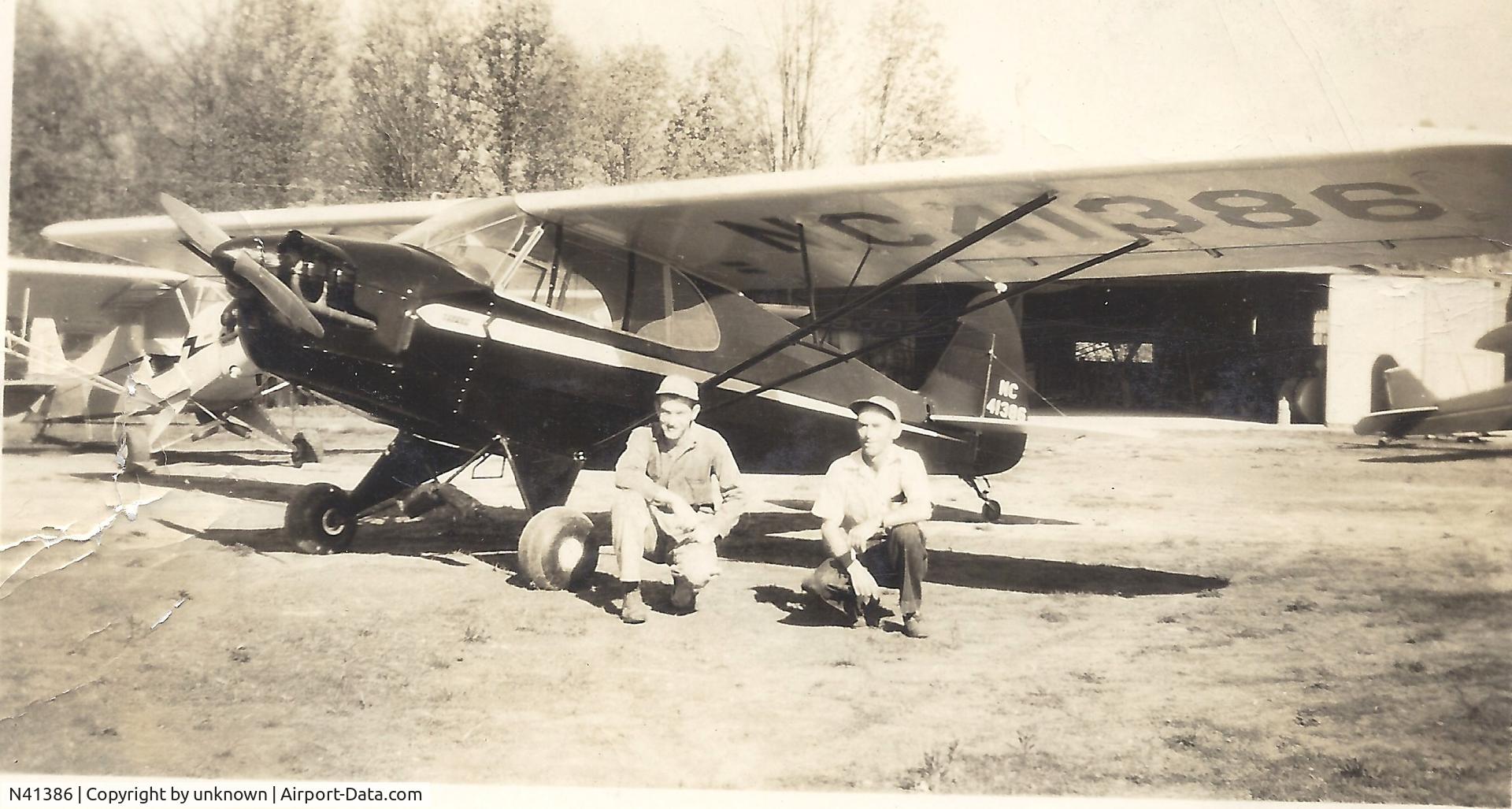 N41386, 1941 Piper J5A Cub Cruiser C/N 5-1349, Salem, Indiana in 1946 at Boss Denien air port. Grandpa Ralph Denien and uncle Walter. Grandson Gary Denien in Indianapolis.