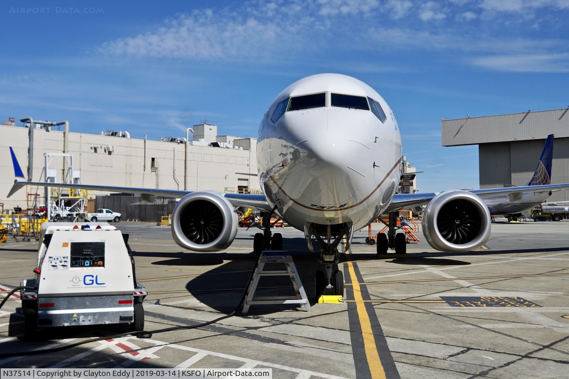 N37514, 2019 Boeing 737-9 MAX C/N 43450, Parked at SFO 2019.