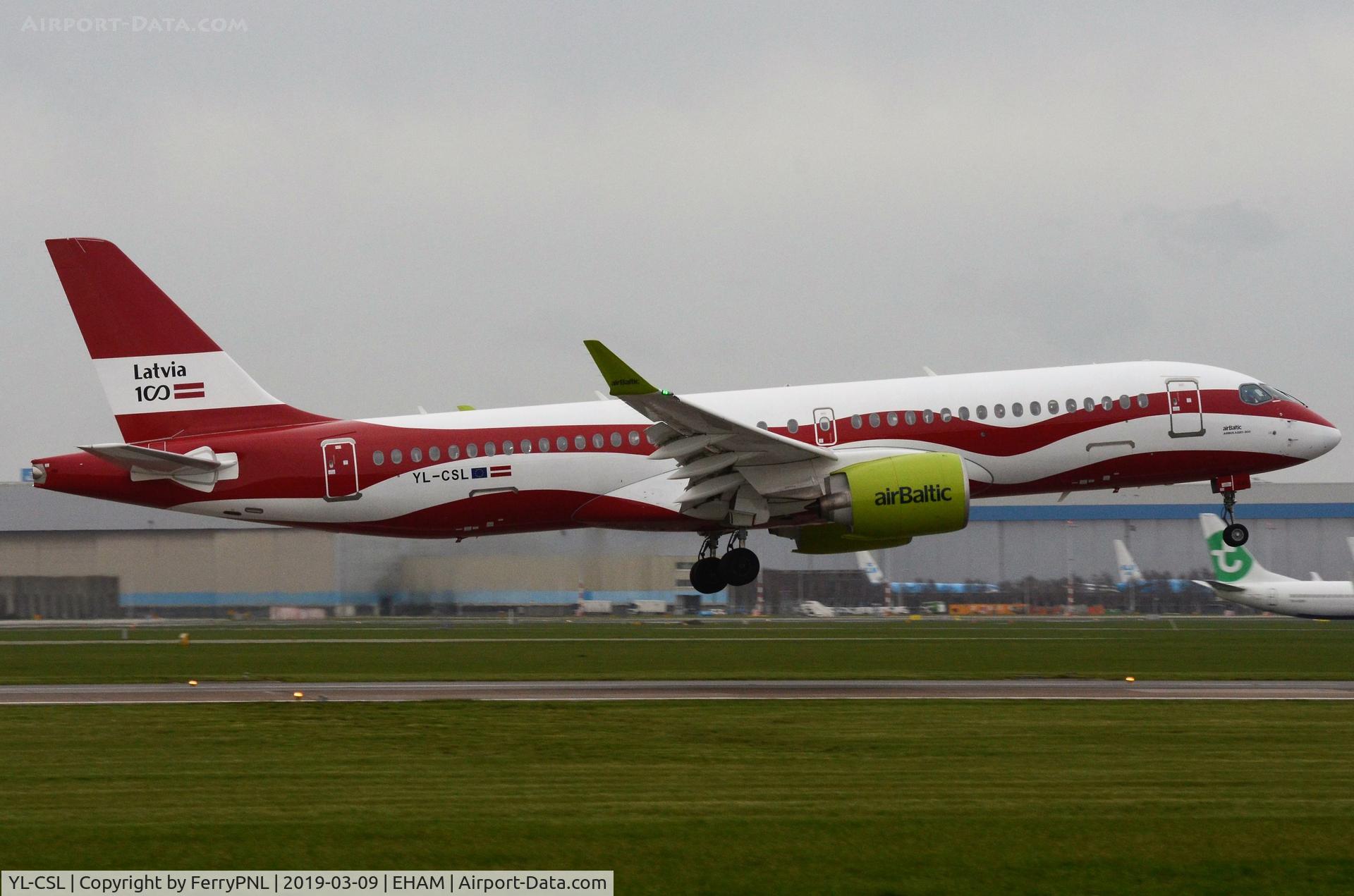 YL-CSL, 2018 Airbus A220-300 C/N 55041, Air Baltic A223 landing