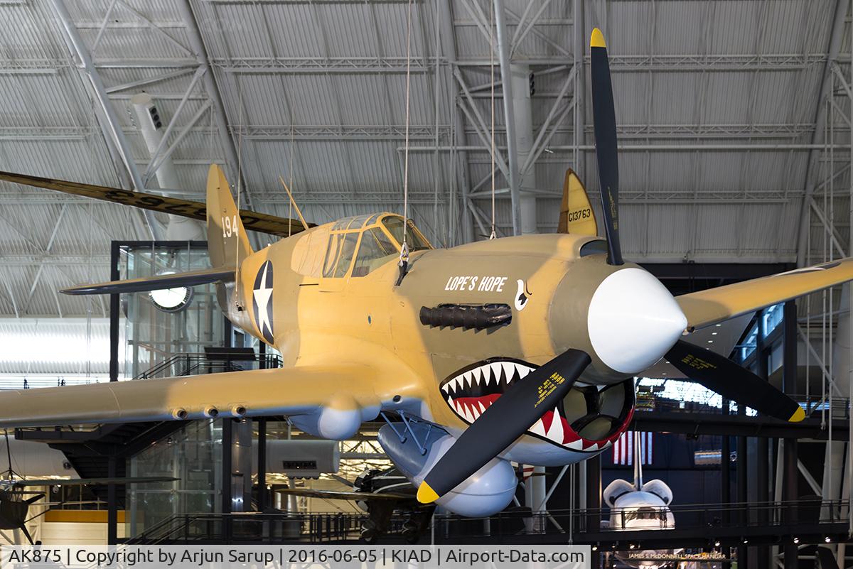 AK875, 1942 Curtiss P-40E Kittyhawk 1A C/N 15349, On display at Steven F. Udvar-Hazy Center, National Air and Space Museum.