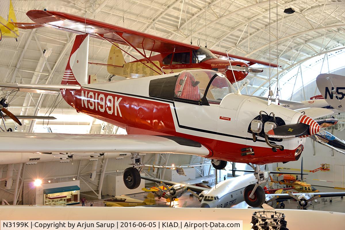 N3199K, 1968 Mooney M-18C C/N 201, On display at Steven F. Udvar-Hazy Center, National Air and Space Museum. This was the first Mite built. It had a manually retractable tricycle landing gear.