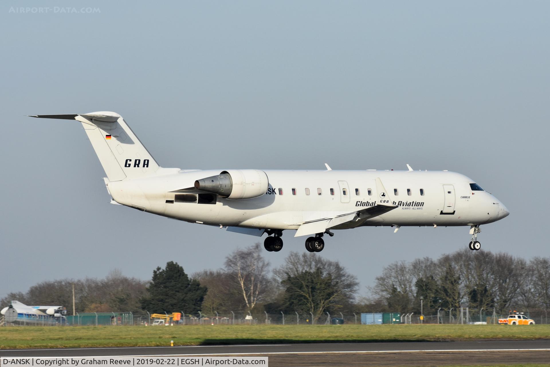 D-ANSK, 1993 Canadair CRJ-100LR (CL-600-2B19) C/N 7015, Landing at Norwich.