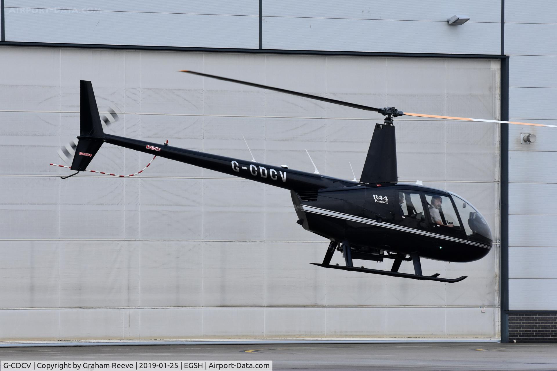G-CDCV, 2004 Robinson R44 Raven II C/N 10536, Departing from Norwich.