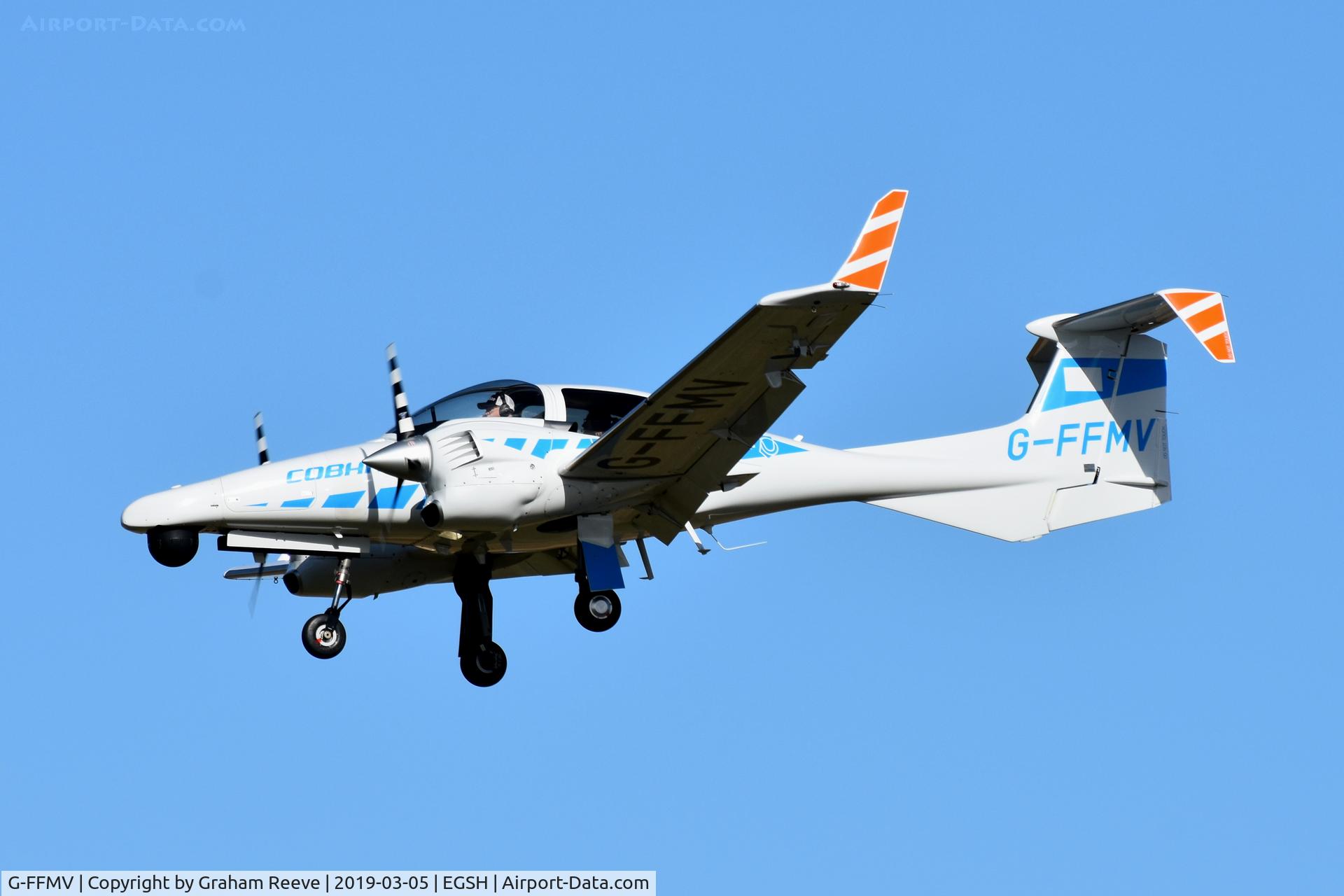 G-FFMV, 2013 Diamond DA-42NG Twin Star C/N 42.MN029, Landing at Norwich.