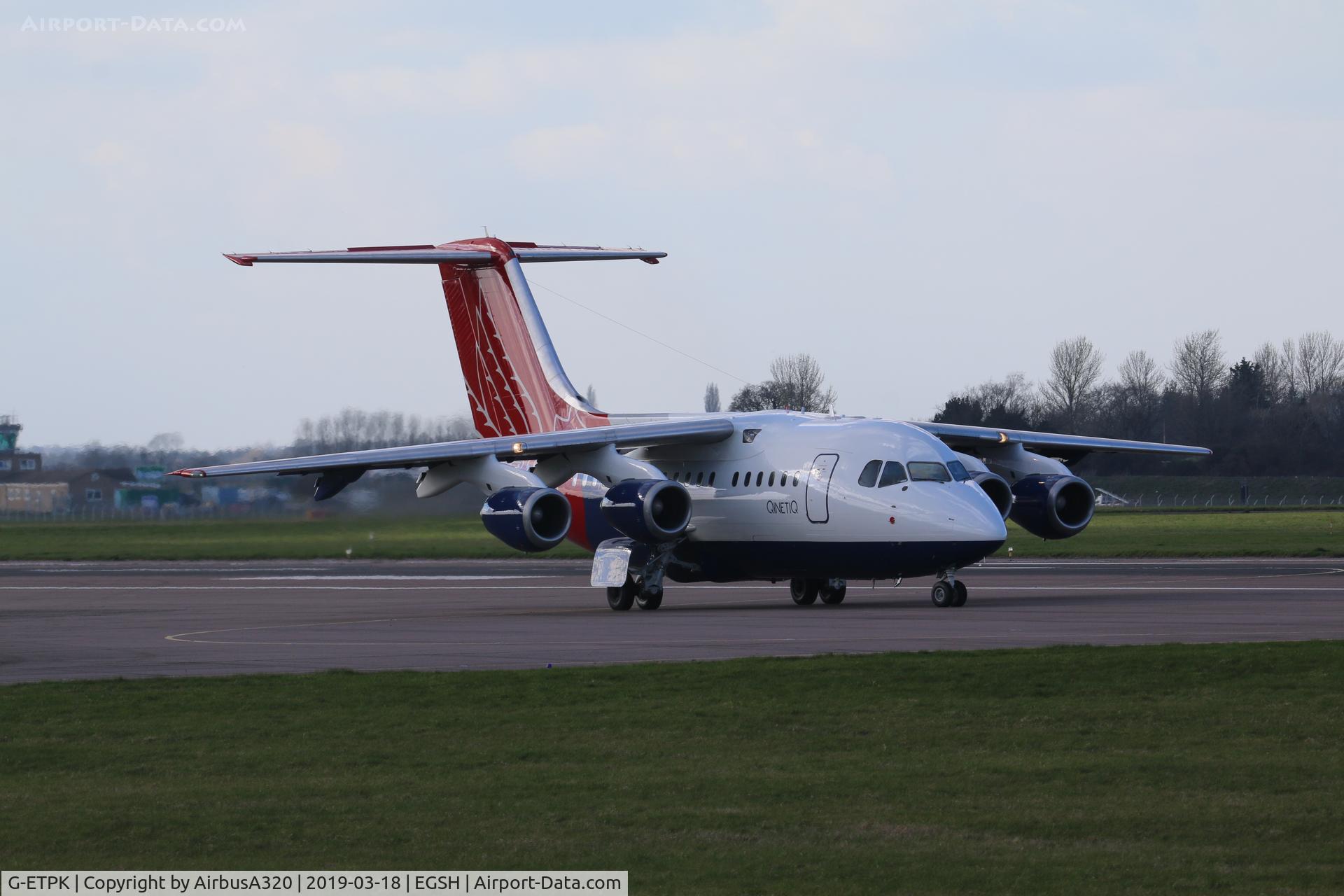 G-ETPK, 1994 British Aerospace Avro 146-RJ70 C/N E1254, Departing Norwich in her new livery