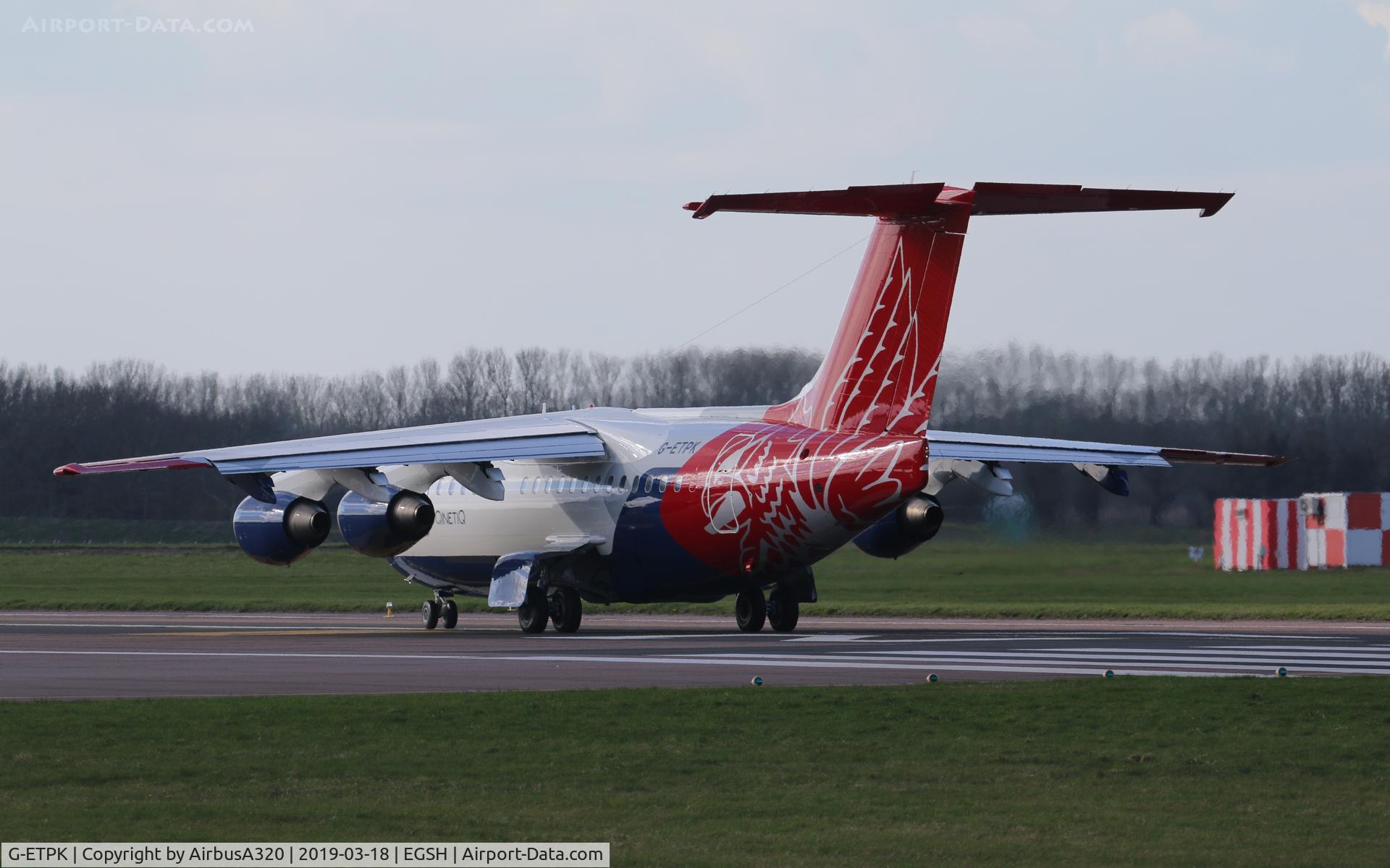 G-ETPK, 1994 British Aerospace Avro 146-RJ70 C/N E1254, Departing RWY 27 at Norwich