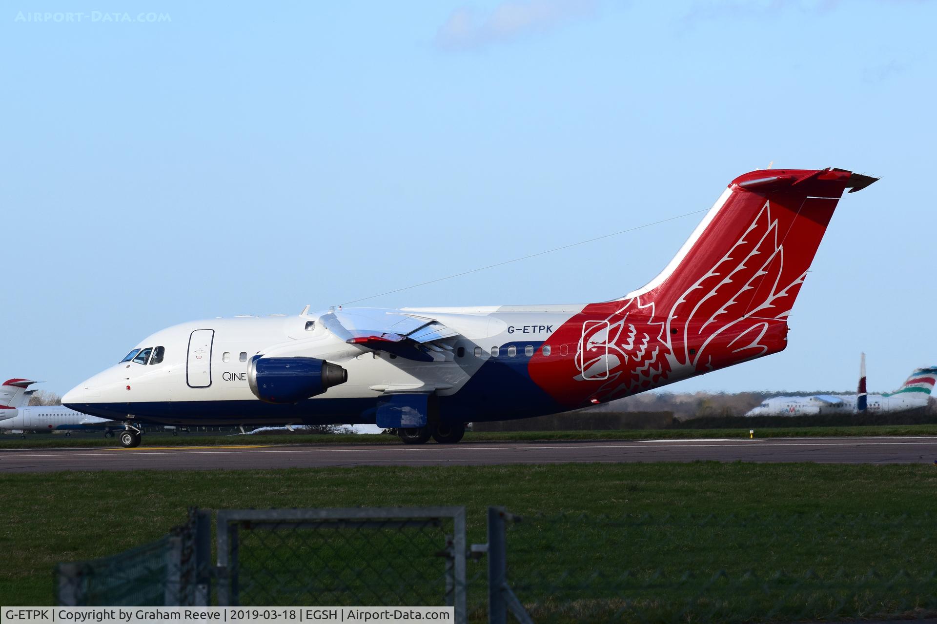 G-ETPK, 1994 British Aerospace Avro 146-RJ70 C/N E1254, Departing from Norwich.
