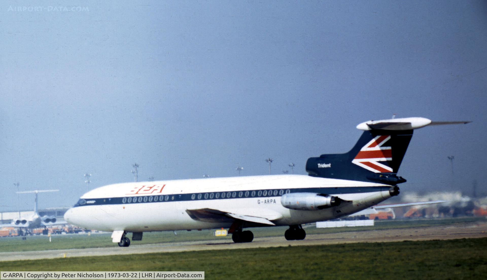 G-ARPA, 1962 De Havilland DH-121 Trident 1C C/N 2101, British European Airways Trident 1C preparing to join the active runway at Heathrow in the Spring of 1973.