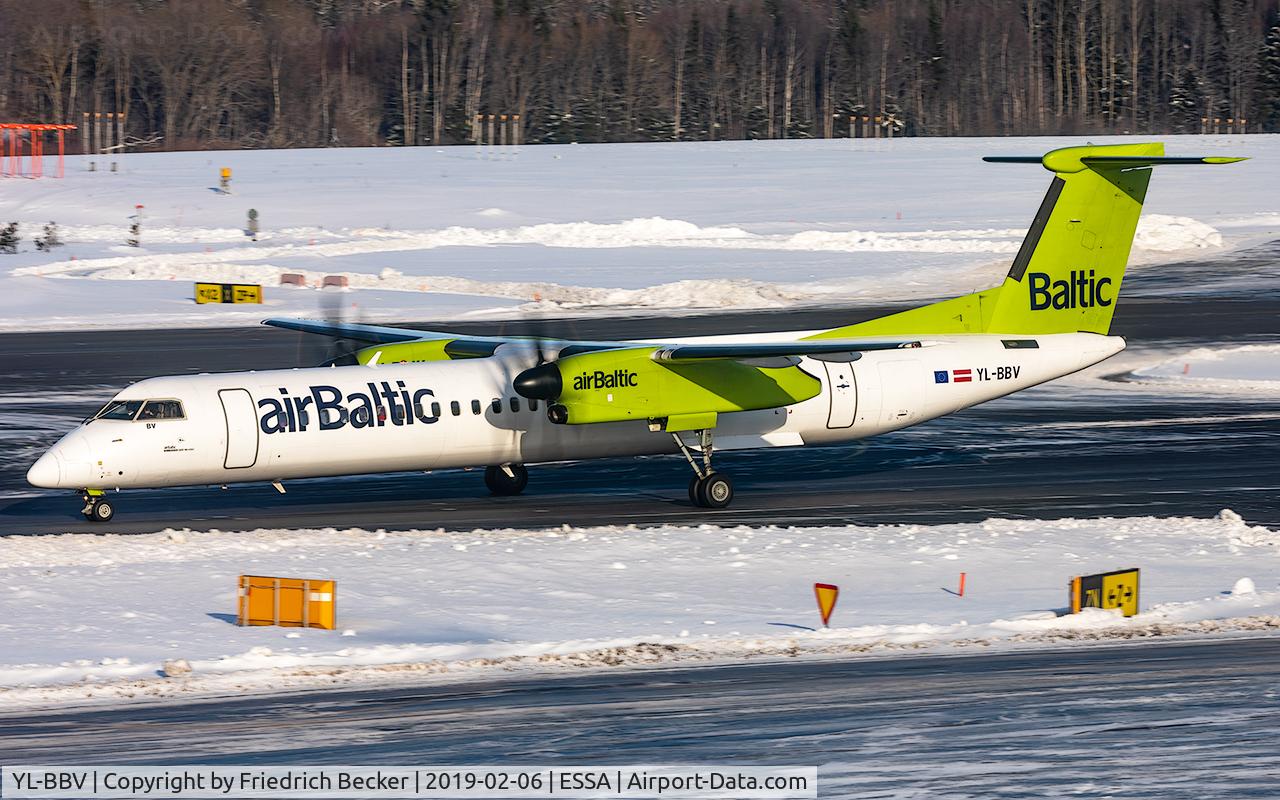YL-BBV, 2013 De Havilland Canada DHC-8-402Q Dash 8 C/N 4444, taxying to the gate