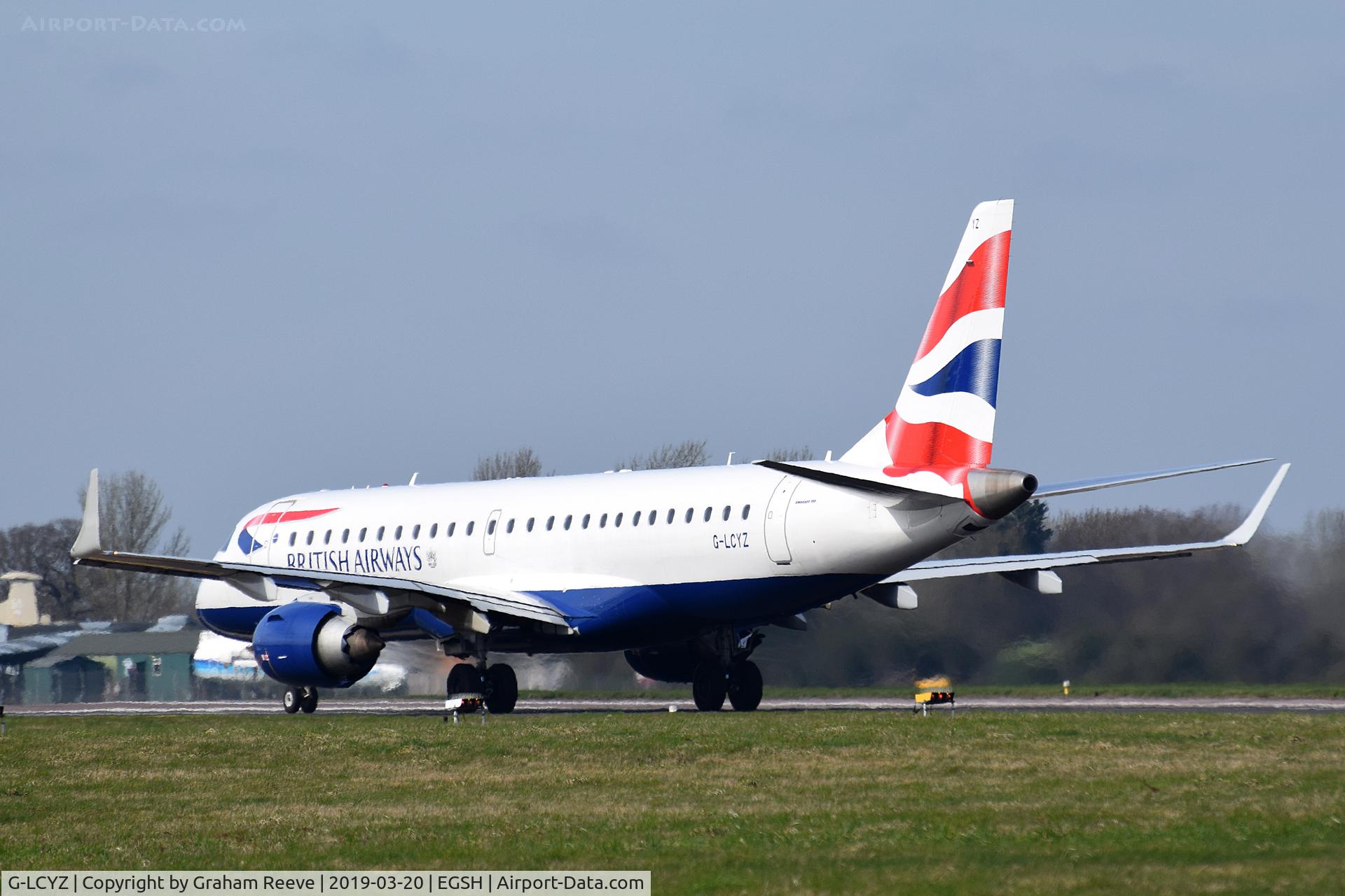 G-LCYZ, 2011 Embraer 190LR (ERJ-190-100LR) C/N 19000404, Departing from Norwich.