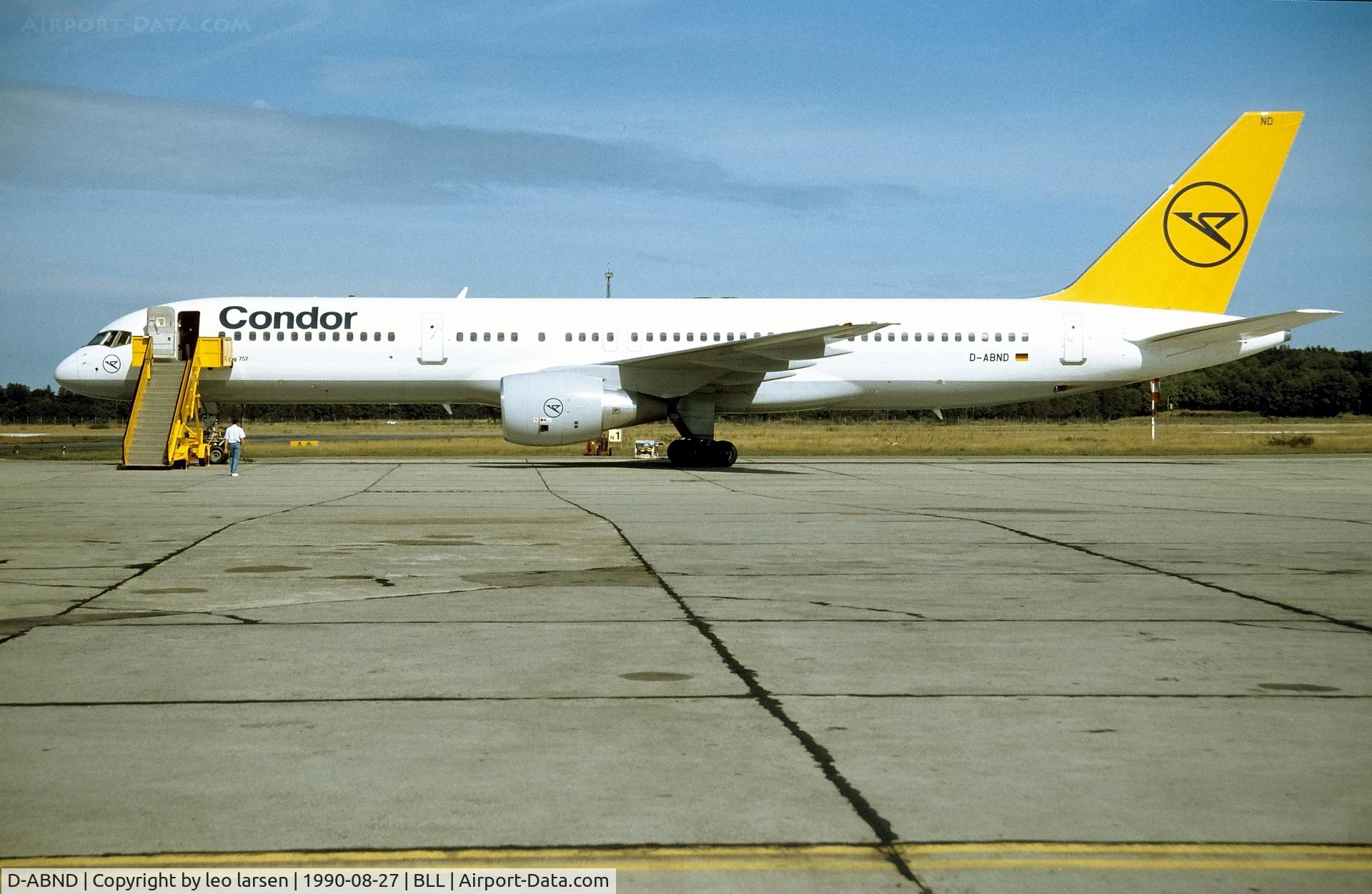 D-ABND, 1990 Boeing 757-230/SF C/N 24748, Billund 27.8.1990 on School flight.