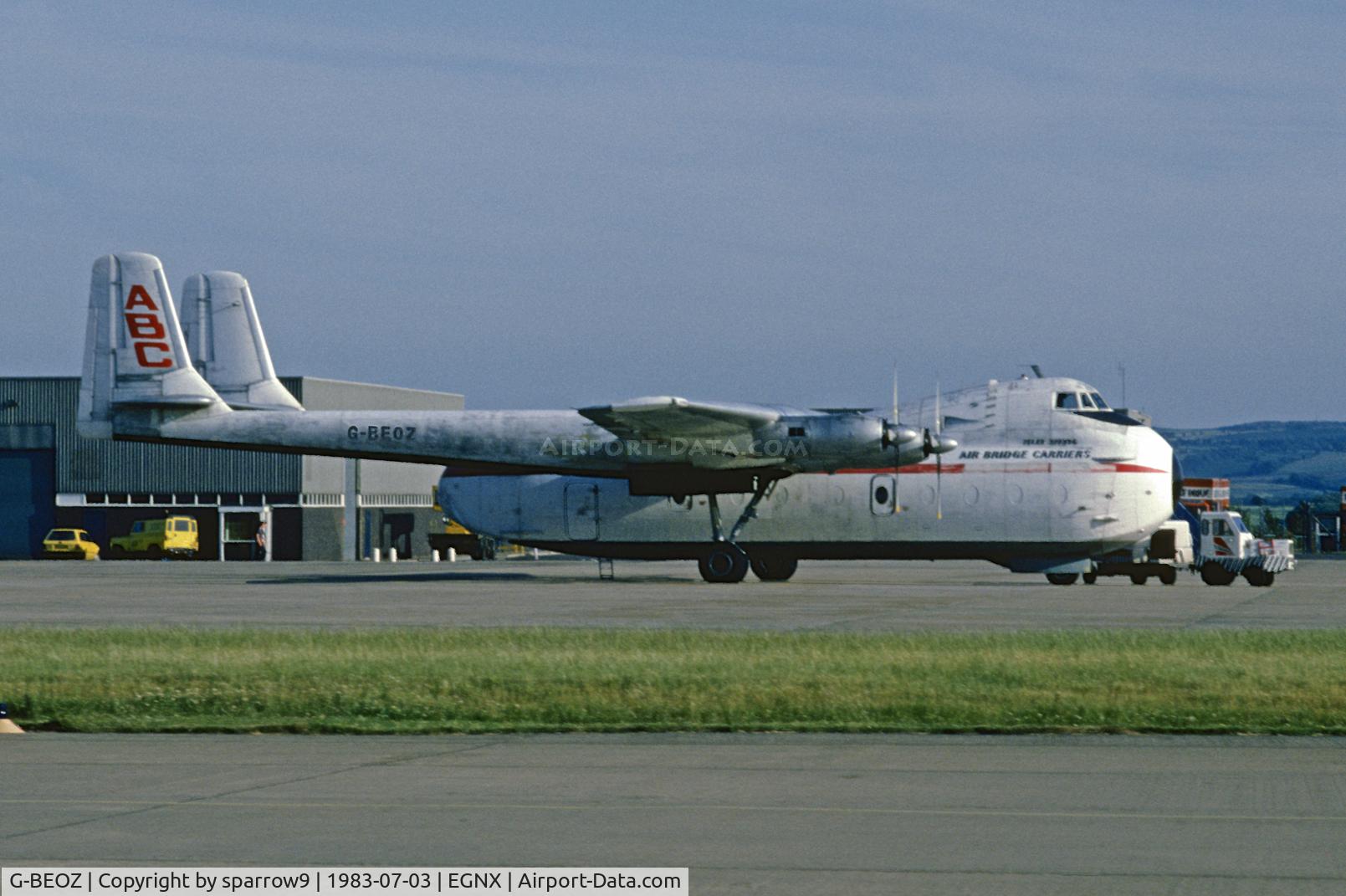 G-BEOZ, 1960 Armstrong Whitworth AW650 Argosy 101 C/N 6660, Seen on the ramp at East Midlands while taxying for departure. Scanned from a slide.