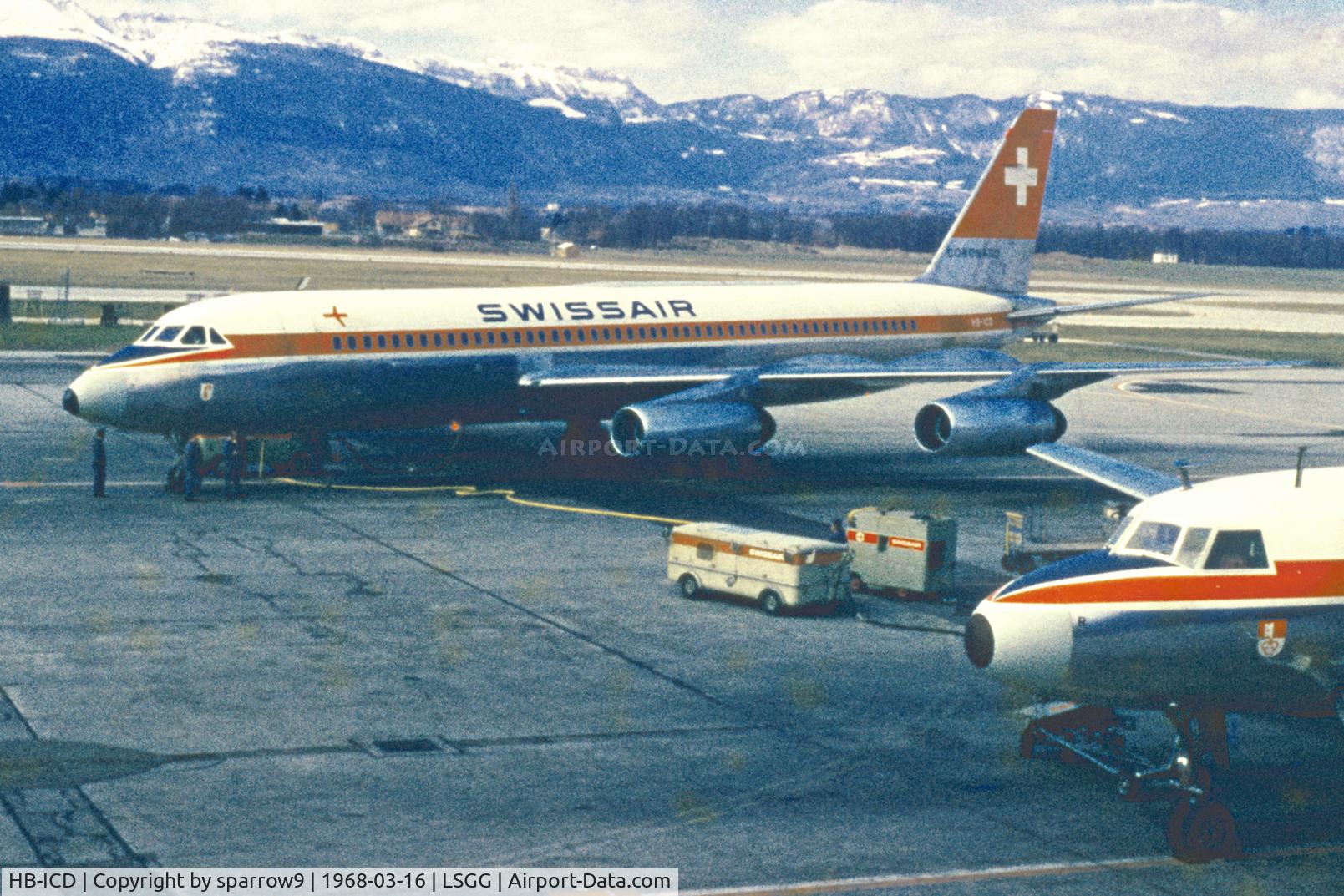 HB-ICD, 1962 Convair CV-990-30A-6 Coronado C/N 30-10-15, At Geneva-Cointrin. Crashed near Wuerenlingen after a bomb explosion in the cargo-hold. Scanned from a slide.