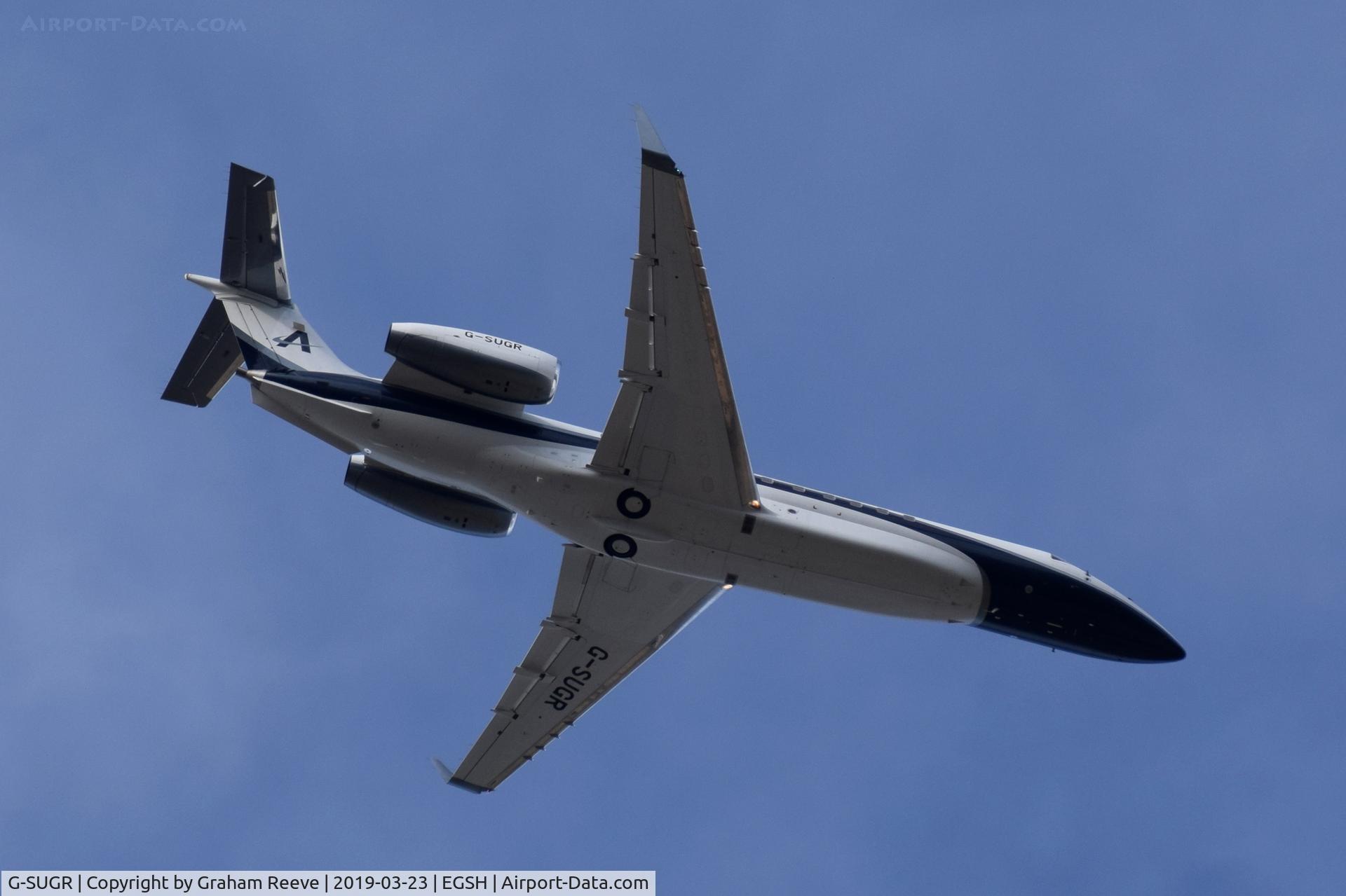 G-SUGR, 2014 Embraer EMB-135BJ Legacy 650 C/N 14501199, Over head at Norwich.