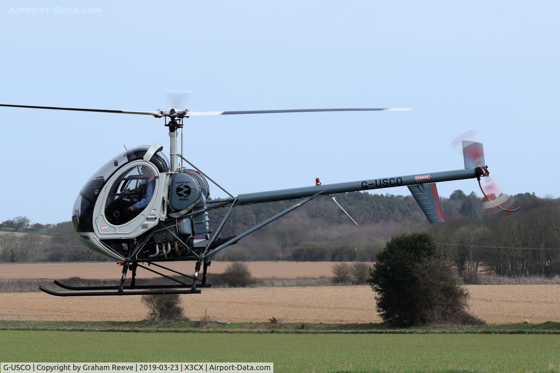 G-USCO, 1975 Hughes 269C C/N 1140377, Departing from Northrepps.