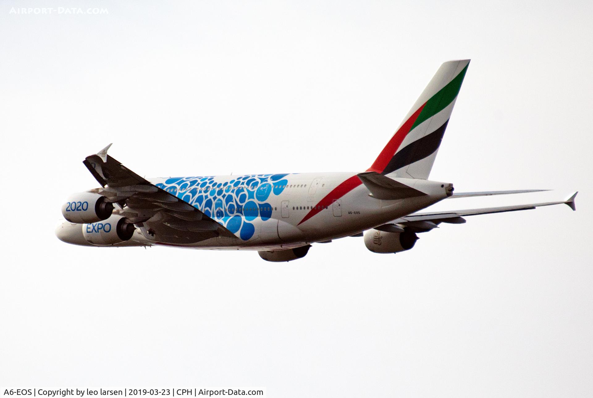 A6-EOS, 2015 Airbus A380-861 C/N 203, Copenhagen 23.3.2019 now with EXPO 2020 marks.