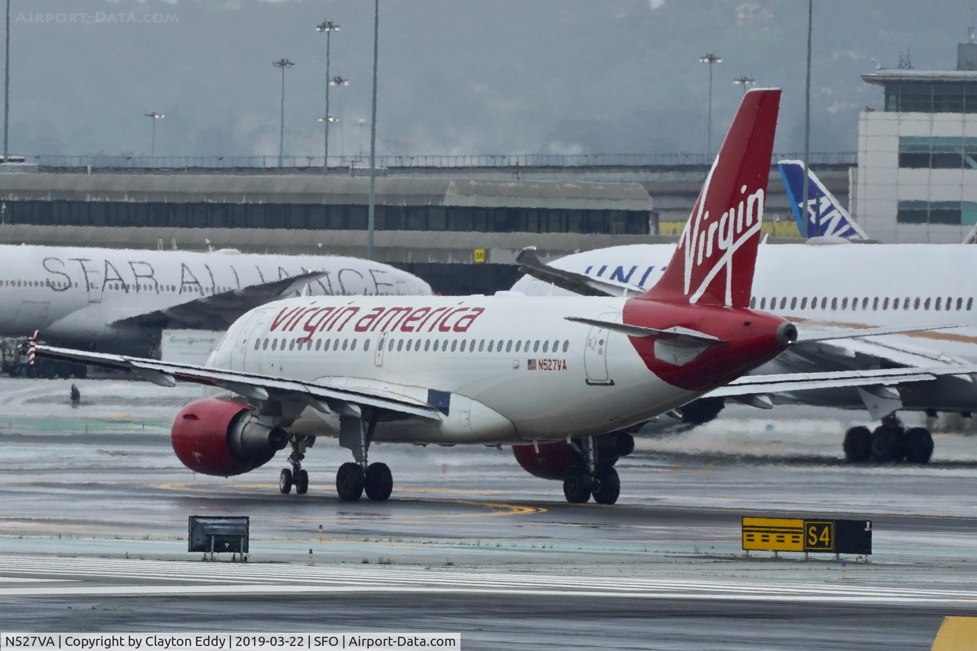 N527VA, 2008 Airbus A319-112 C/N 3417, Departing runway 10. SFO 2019.