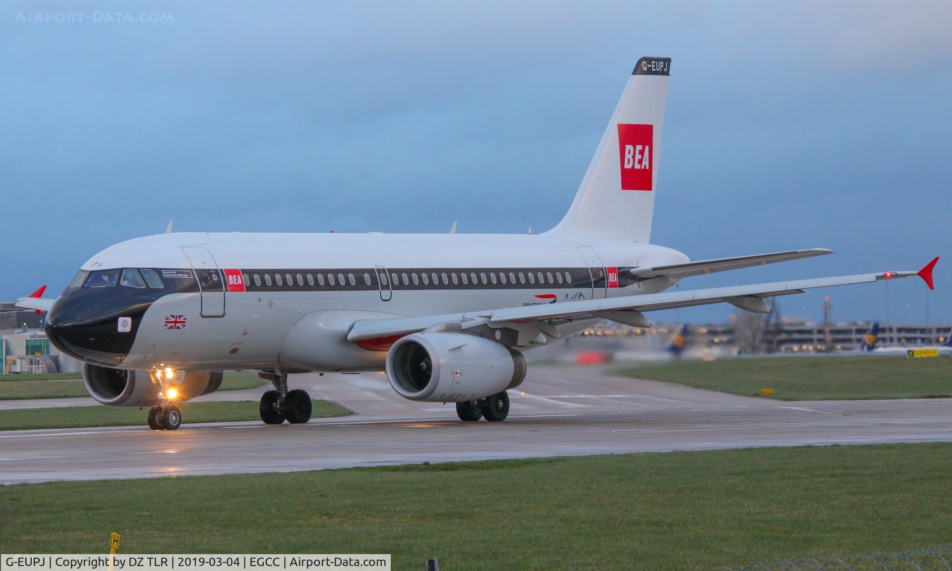 G-EUPJ, 2000 Airbus A319-131 C/N 1232, taken on its first trip into man-egcc since haveing its bea retrojet livery