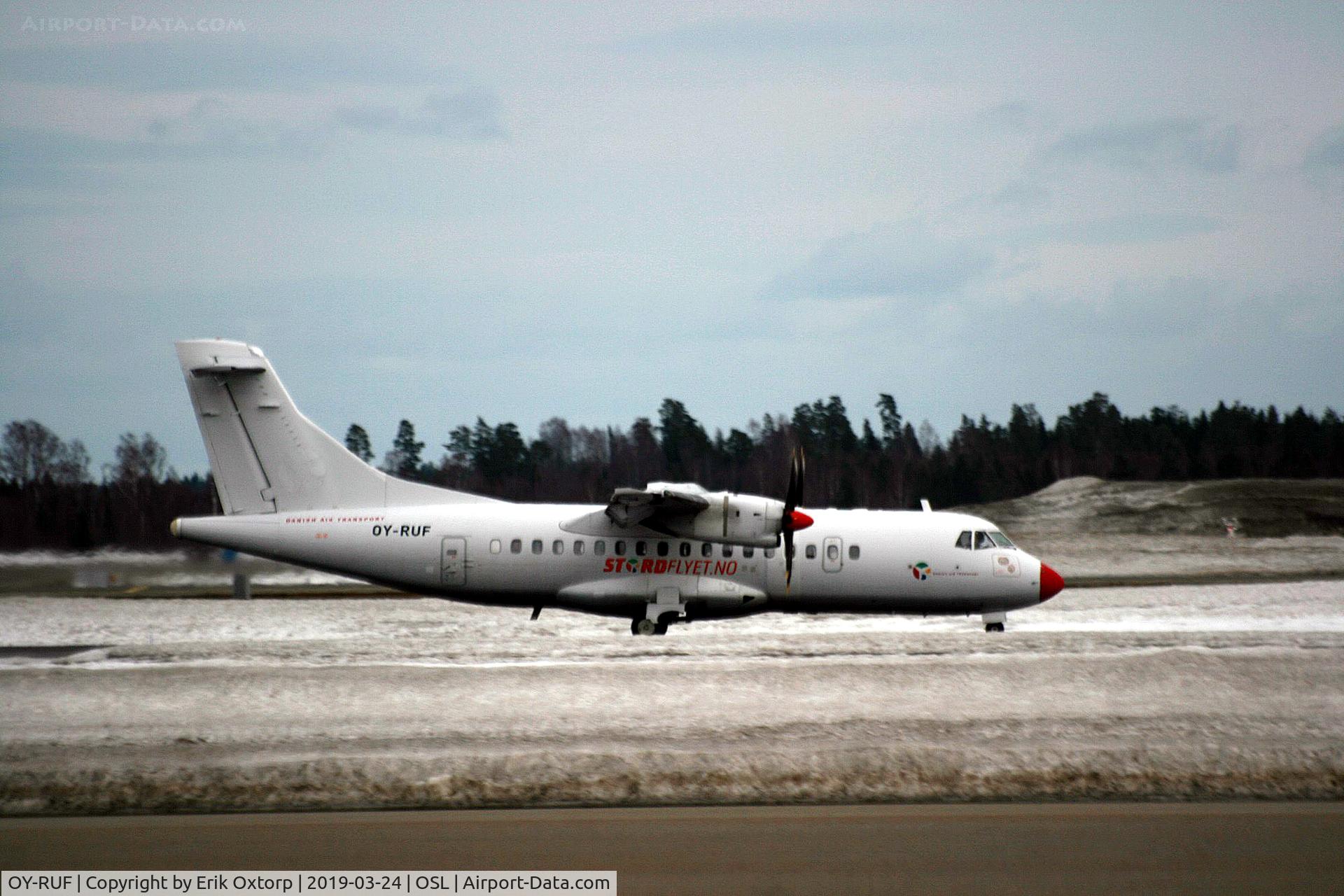 OY-RUF, 1997 ATR 42-500 C/N 515, OY-RUF in OSL. With DAT c/s and Stordfyet-no titles