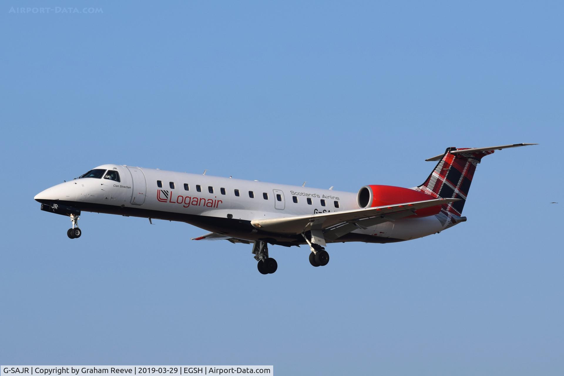 G-SAJR, 2001 Embraer ERJ-135ER (EMB-135ER) C/N 145431, Landing at Norwich.
