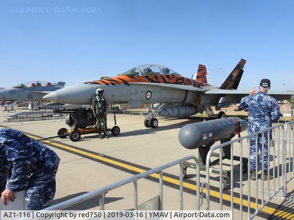 A21-116, 1988 McDonnell Douglas F/A-18B Hornet C/N 614/ATF116, A21-116 FA-18B Hornet at Avalon Air Show 2019. The distinctive tiger stripe paintwork is to commemorate the last year of the Classic Tigers squadron. The squadron will re-equip with F35A Lightning II's at the end of this year.