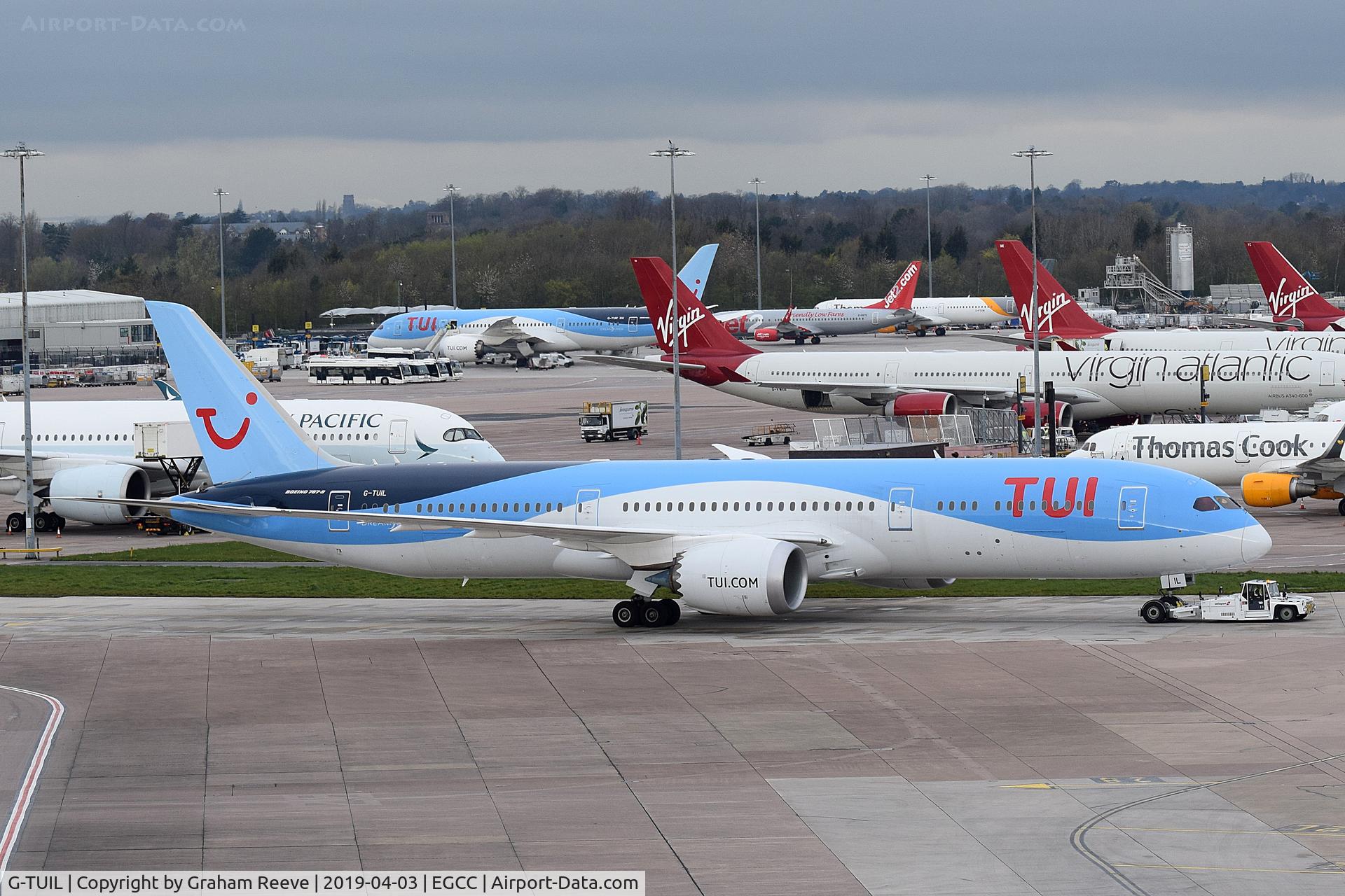 G-TUIL, 2018 Boeing 787-9 Dreamliner C/N 64053, Under tow at Manchester.