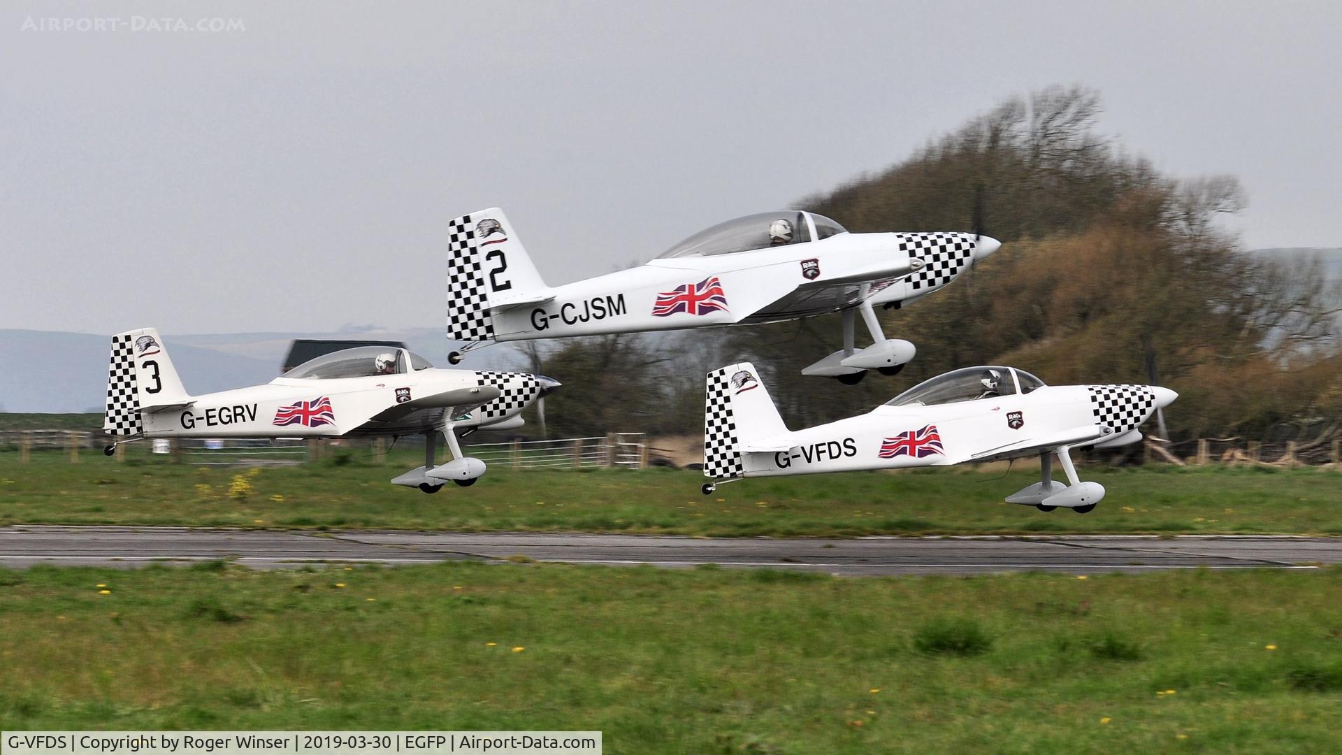 G-VFDS, 2012 Vans RV-8 C/N PFA 303-14637, Raven 1 of Team Raven leading 2 and 3 departing Runway 04.