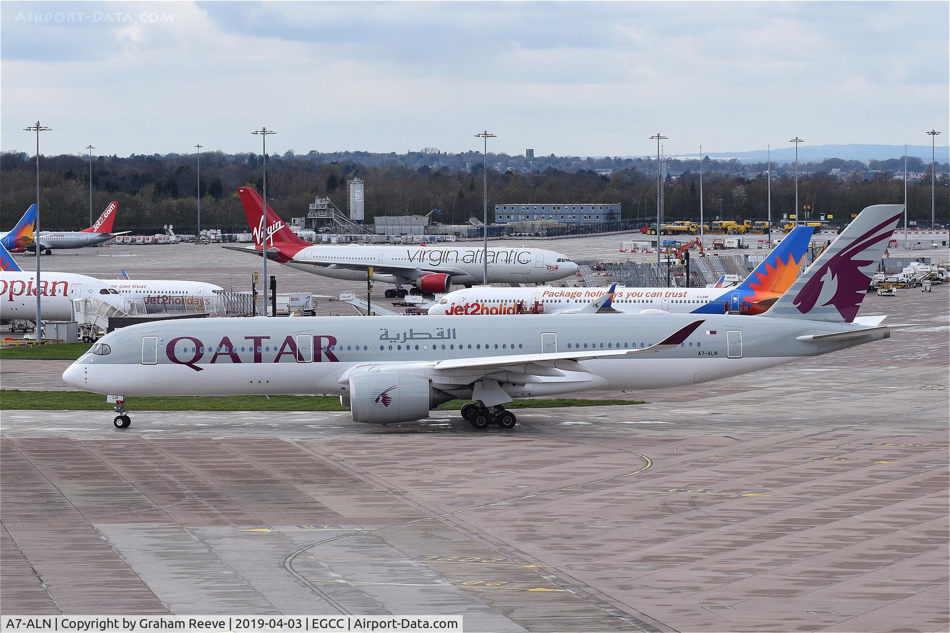 A7-ALN, 2016 Airbus A350-941 C/N 047, Departing from Manchester.
