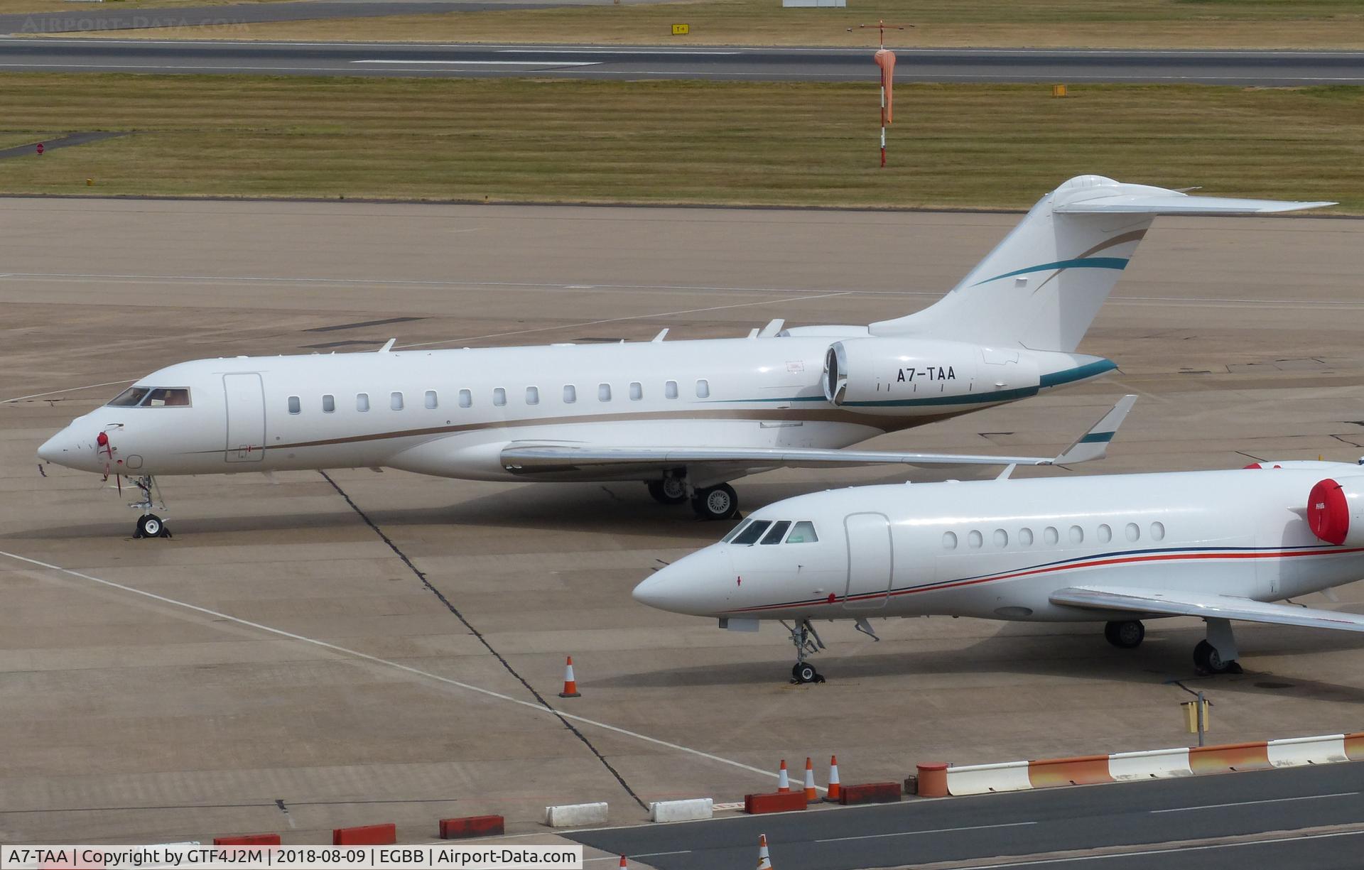 A7-TAA, 2015 Bombardier BD-700-1A10 Global 6000 C/N 9661, A7-TAA at Birmingham 9.8.18