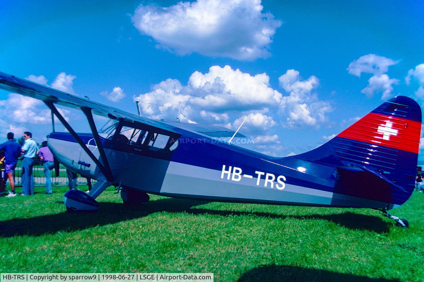 HB-TRS, 1948 Stinson 108-3 Voyager C/N 108-4419, RIO Ecuvillens. HB-registered 1965-11-17 until 2006-12-12. Scanned from a slide.