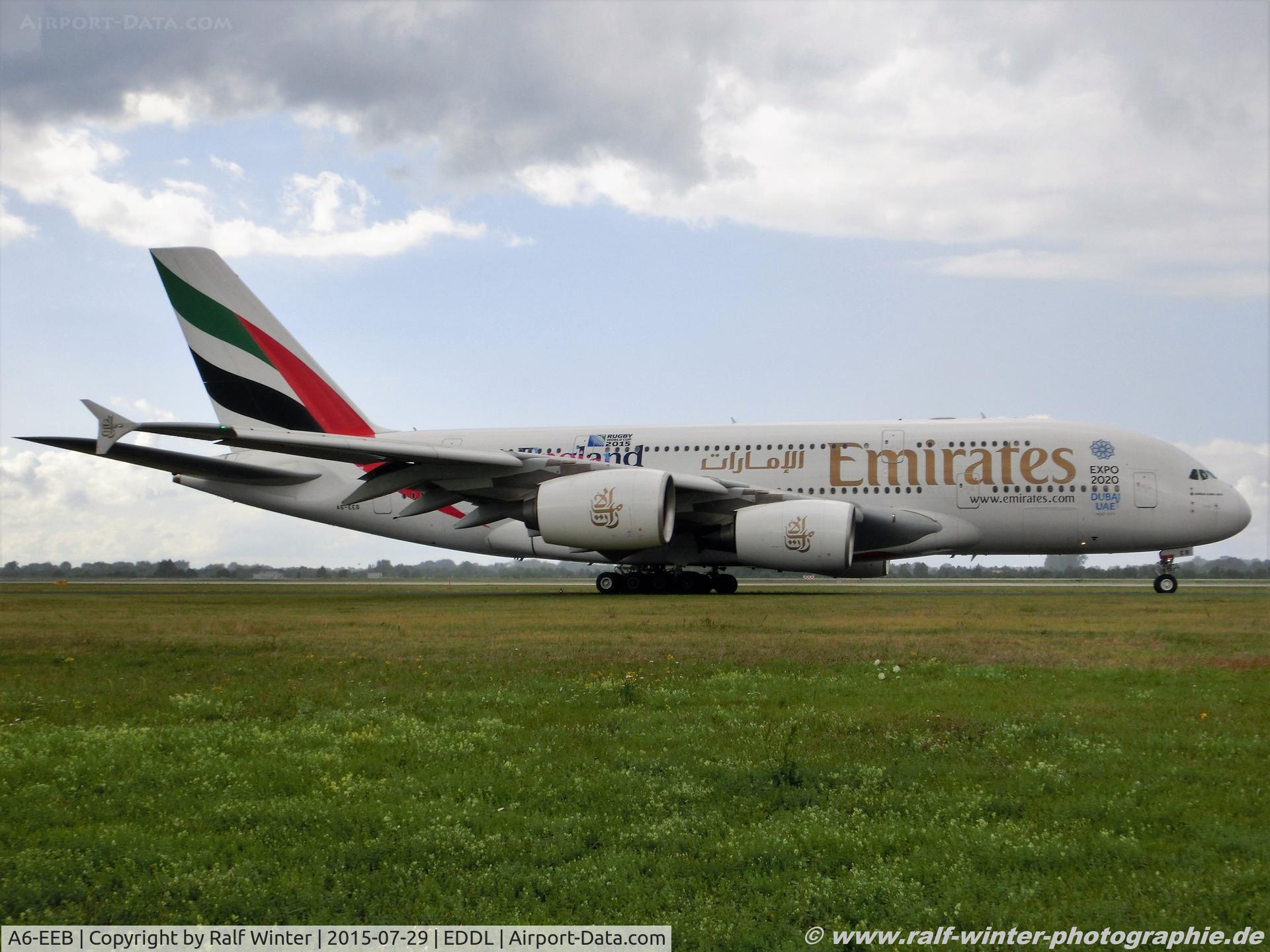 A6-EEB, 2012 Airbus A380-861 C/N 109, Airbus A380-861 - EK UAE Emirates 'Rugby World Cup 2015' - 109 - A6-EEB - 29.07.2015 - DUS